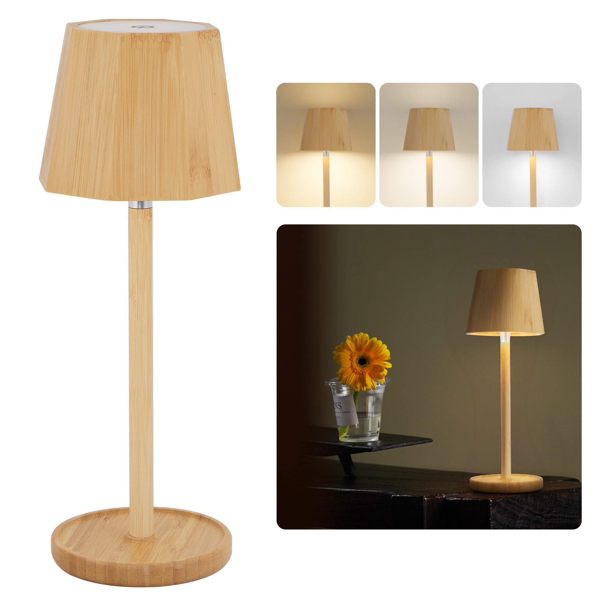 Bamboo LED Table Lamp Wireless Dimmable Lamp 3000K/4000K/6000K 5200mAh Camping Lamp