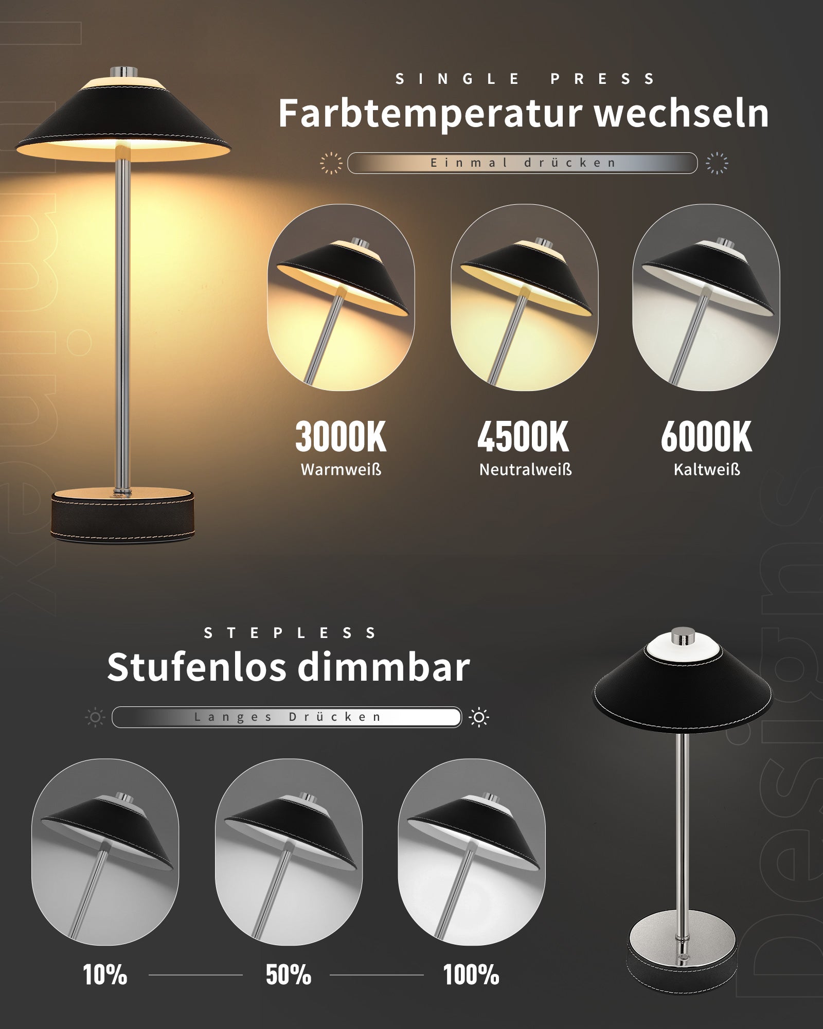 LED Table Lamp Wireless - Touch Dimmable, 3000K/4500K/6000K, USB-C Rechargeable with 5200mAh Battery, Leather Design, Magnetic Base, Memory Function, for Bedroom, Living Room, Office