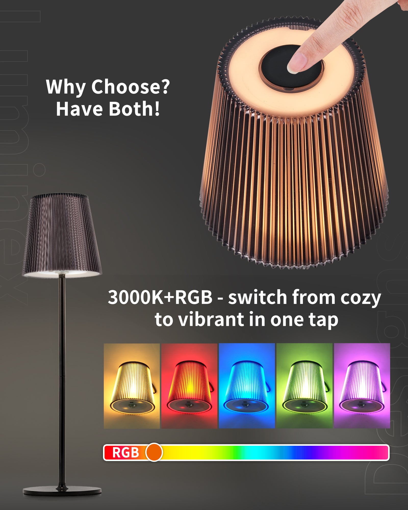Table Lamp Wireless LED Dimmable Bedside Lamp & Rechargeable Table Lamp with Magnetic Lamp Head, 3000K White & RGB, IP54 Waterproof for Outdoor Bedroom Living Room Balcony Camping