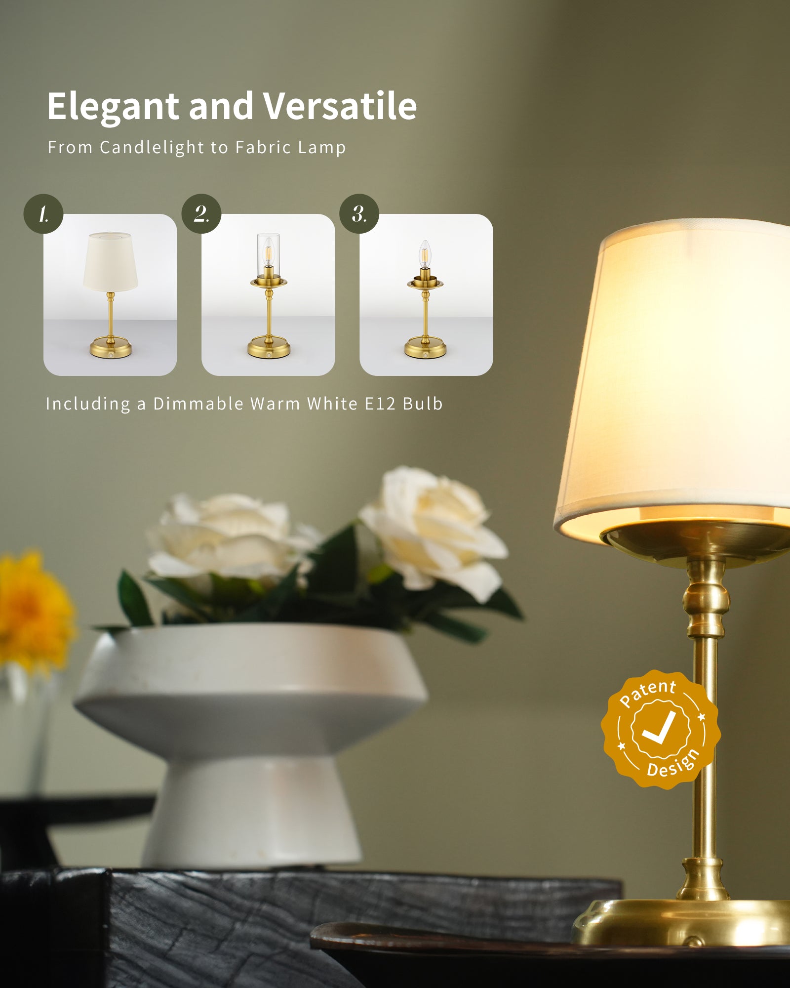 Bedside Lamps, 5200 mAh Rechargeable Cordless Table Lamps for Living Room with Bulb Included, Dimmable, Touch Control, 3-in-1 Shade, for Bedroom, Dining,Home Décor - Gold