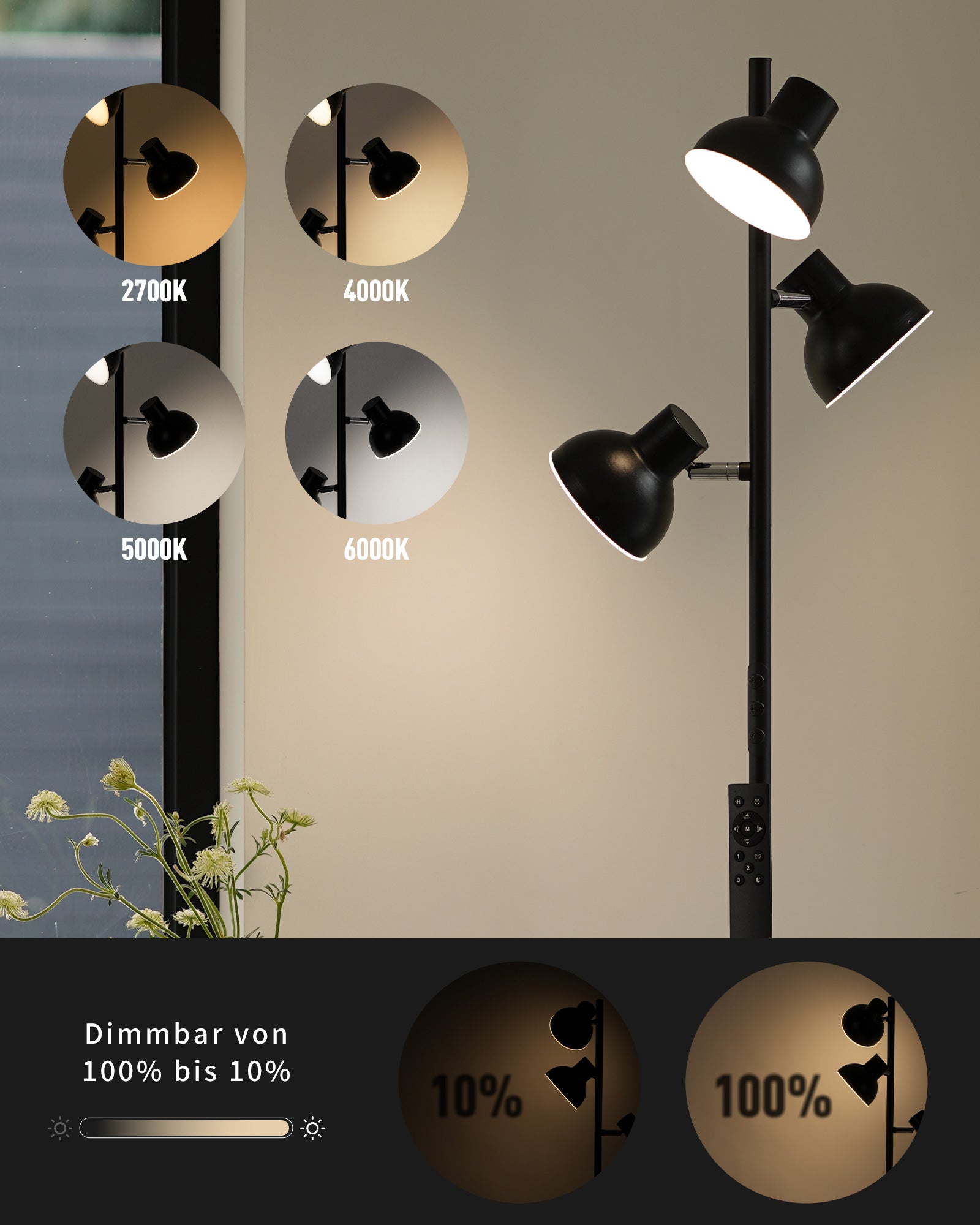 Floor Lamp Living Room 36 W 2800 LM Floor Lamp LED Dimmable with Remote Control and Touch 2700 K - 6500 K, 3-Light Reading Lamp Modern Floor Lamp