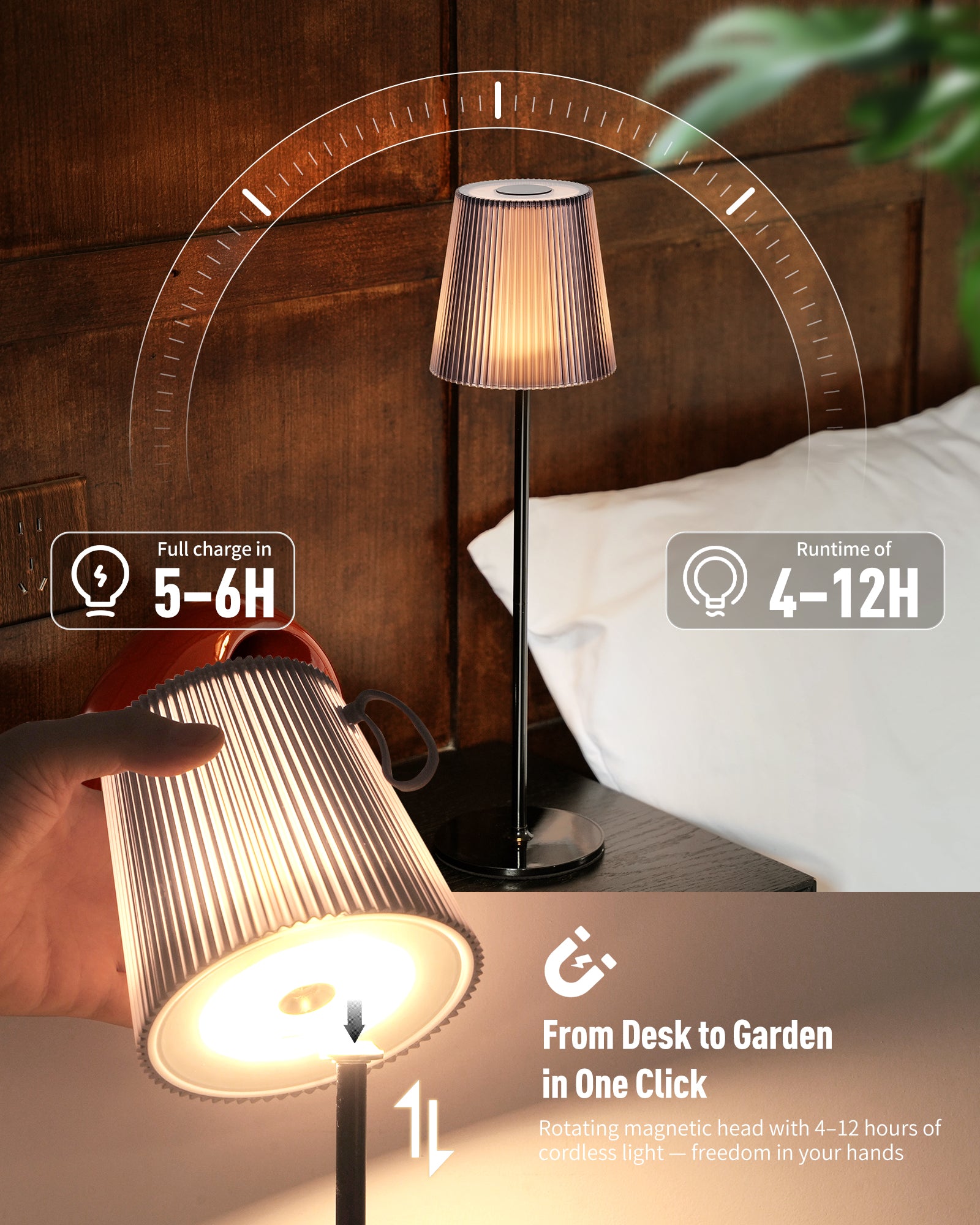 Table Lamp Wireless LED Dimmable Bedside Lamp & Rechargeable Table Lamp with Magnetic Lamp Head, 3000K White & RGB, IP54 Waterproof for Outdoor Bedroom Living Room Balcony Camping