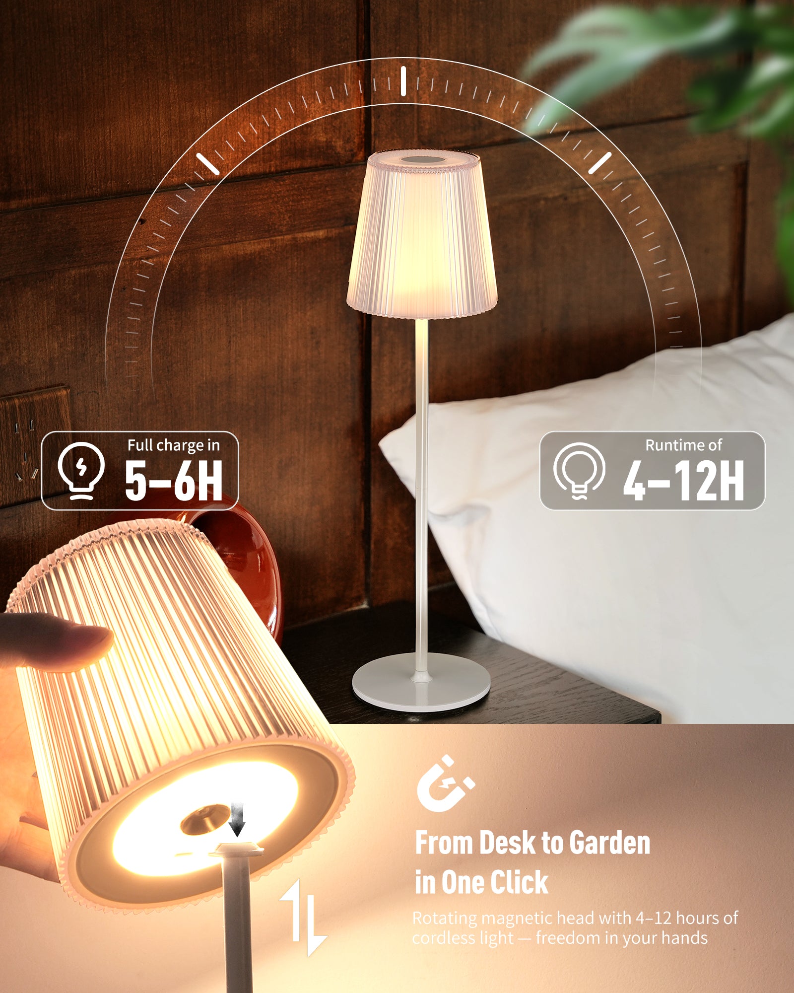 Table Lamp Wireless LED Dimmable Bedside Lamp & Rechargeable Table Lamp with Magnetic Lamp Head, 3000K White & RGB, IP54 Waterproof for Outdoor Bedroom Living Room Balcony Camping, White