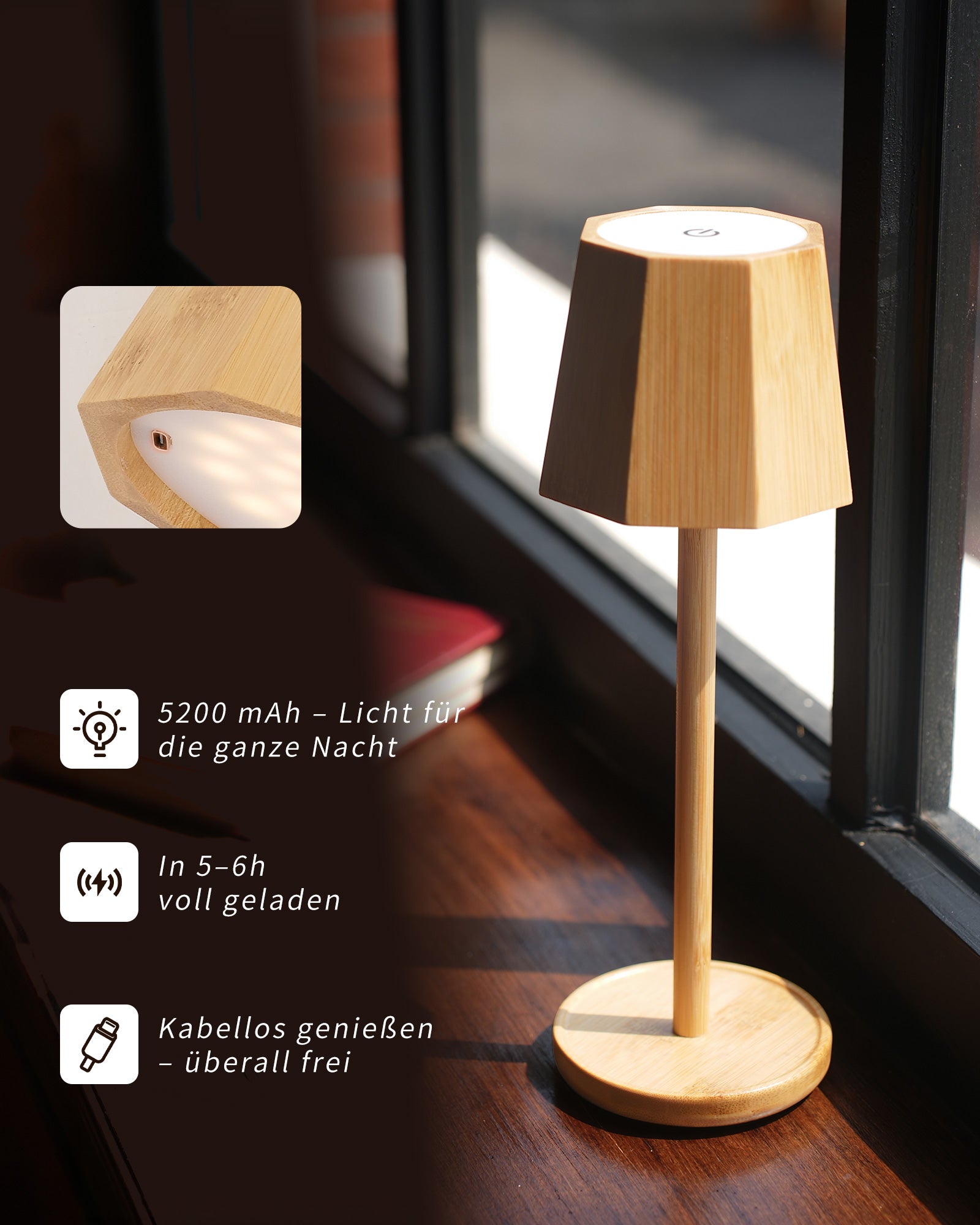 Bamboo LED Table Lamp Wireless Dimmable Lamp 3000K/4000K/6000K 5200mAh Camping Lamp