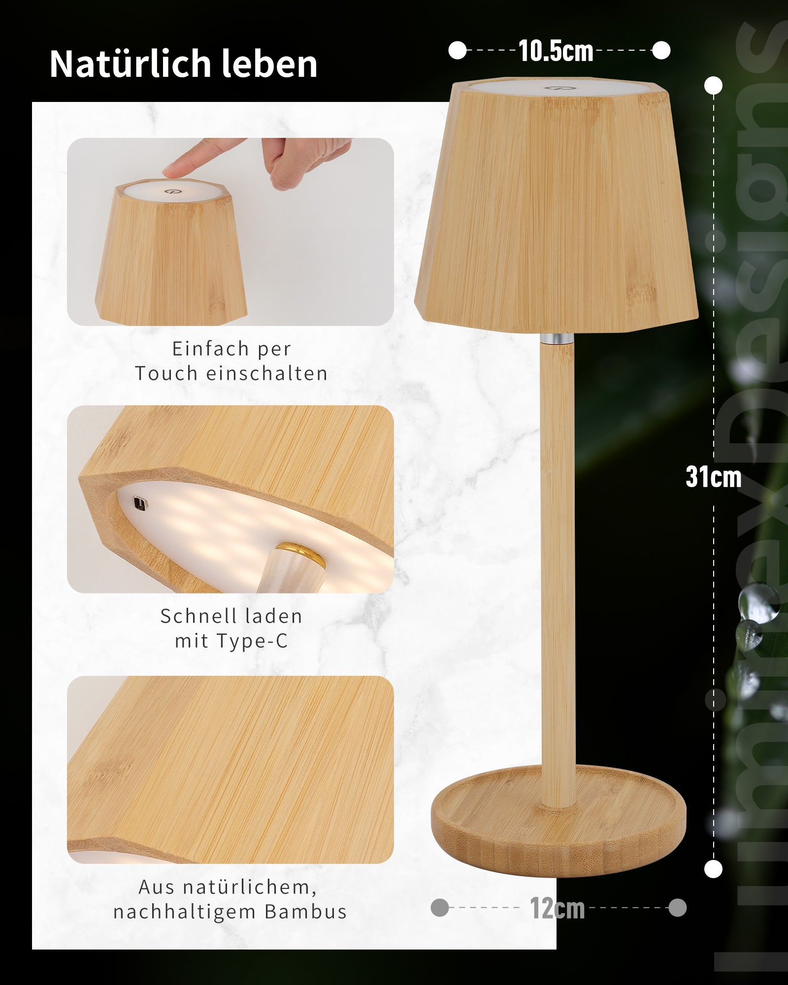 Bamboo LED Table Lamp Wireless Dimmable Lamp 3000K/4000K/6000K 5200mAh Camping Lamp