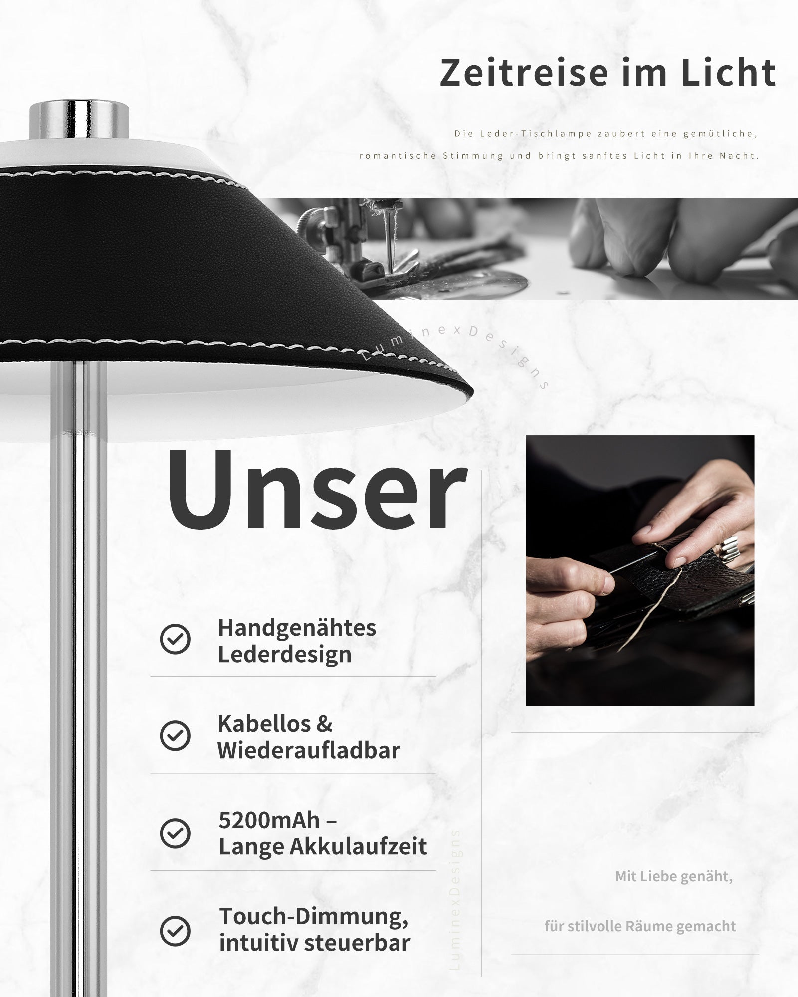 LED Table Lamp Wireless - Touch Dimmable, 3000K/4500K/6000K, USB-C Rechargeable with 5200mAh Battery, Leather Design, Magnetic Base, Memory Function, for Bedroom, Living Room, Office