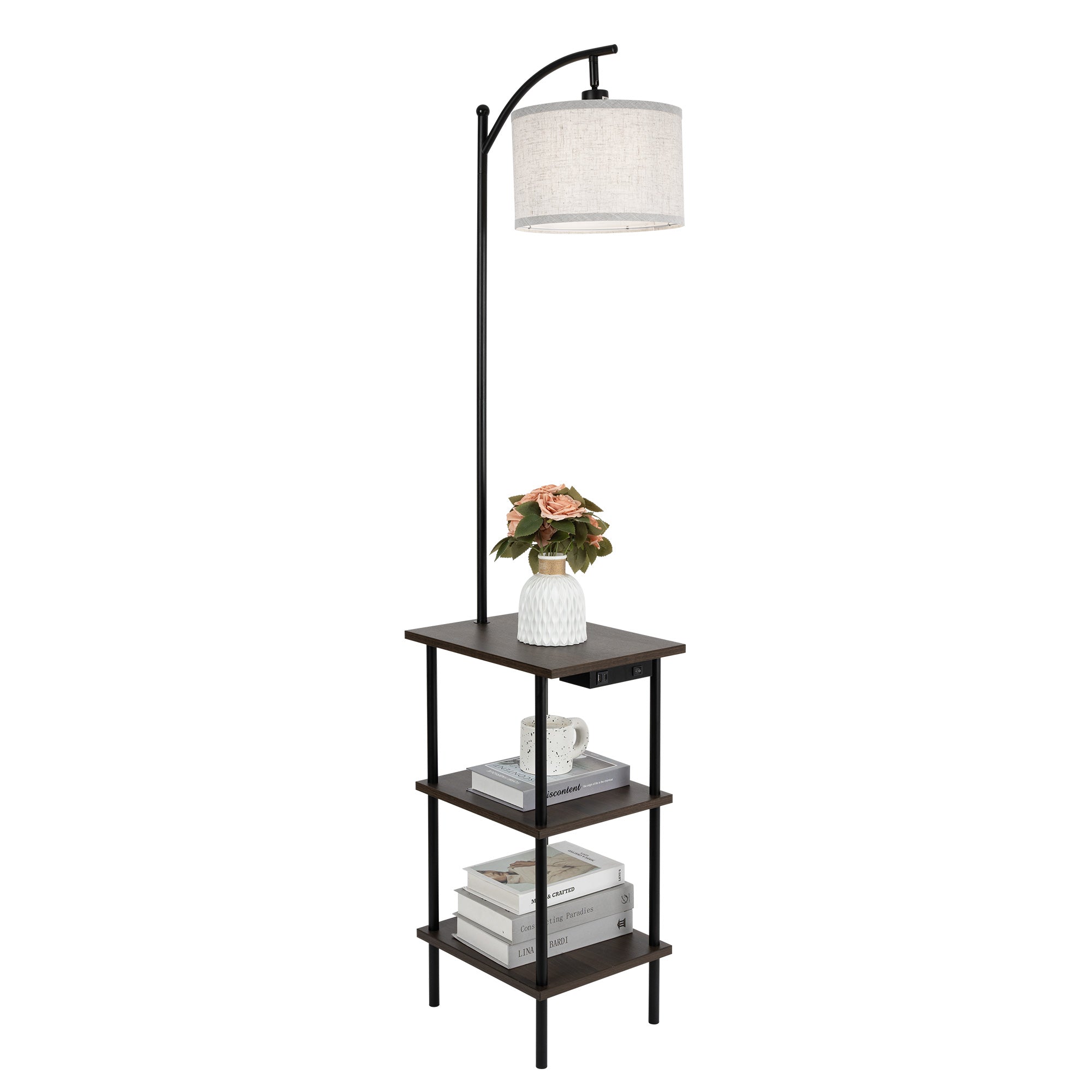 USB & Type-C Charging Floor Lamp with 3-Tier Shelf - Brown