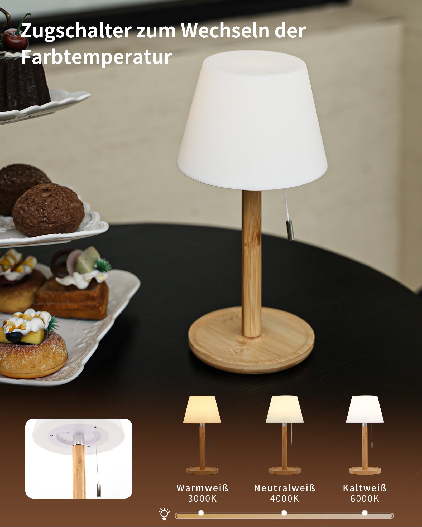 Wireless LED Table Lamp - Bedside Lamp with Zip Switch, 360° Luminous, USB-C Rechargeable, 5200 mAh Battery, 3000 K/4000 K/6000 K, Natural Bamboo, for Bedroom, Living Room
