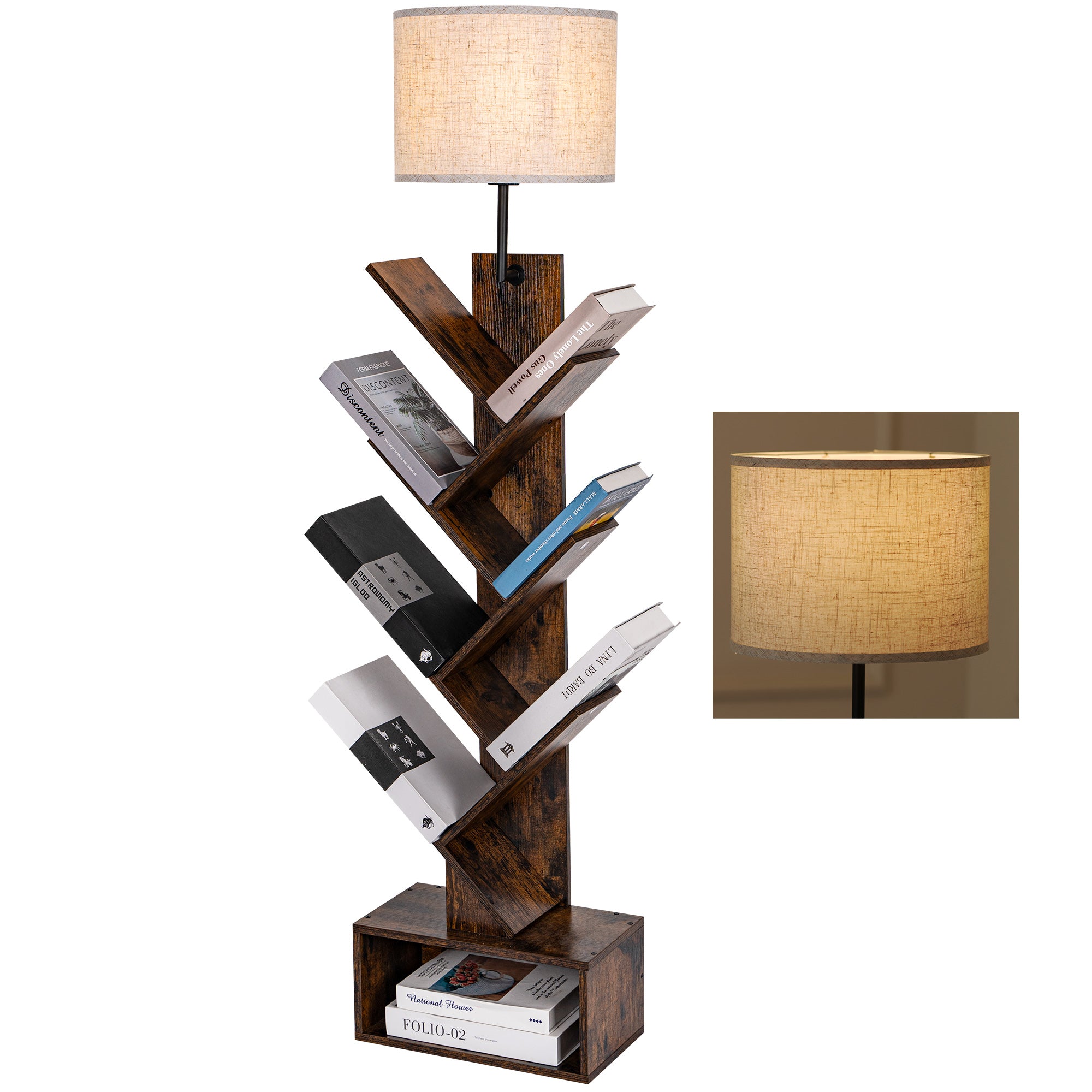 Tree Shaped Floor Lamp with Bookshelf E27 Base for Living Room Bedroom Office Without Bulb