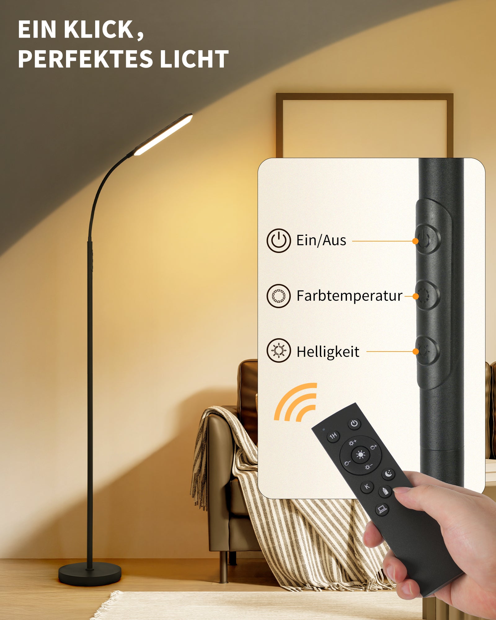 LED Floor Lamp Living Room Reading Lamp - 18 W Super Bright Dimmable Floor Lamp 2700 K - 6500 K with Remote Control, Timer, Energy Saving, Child Friendly for Bedroom, Office, Reading