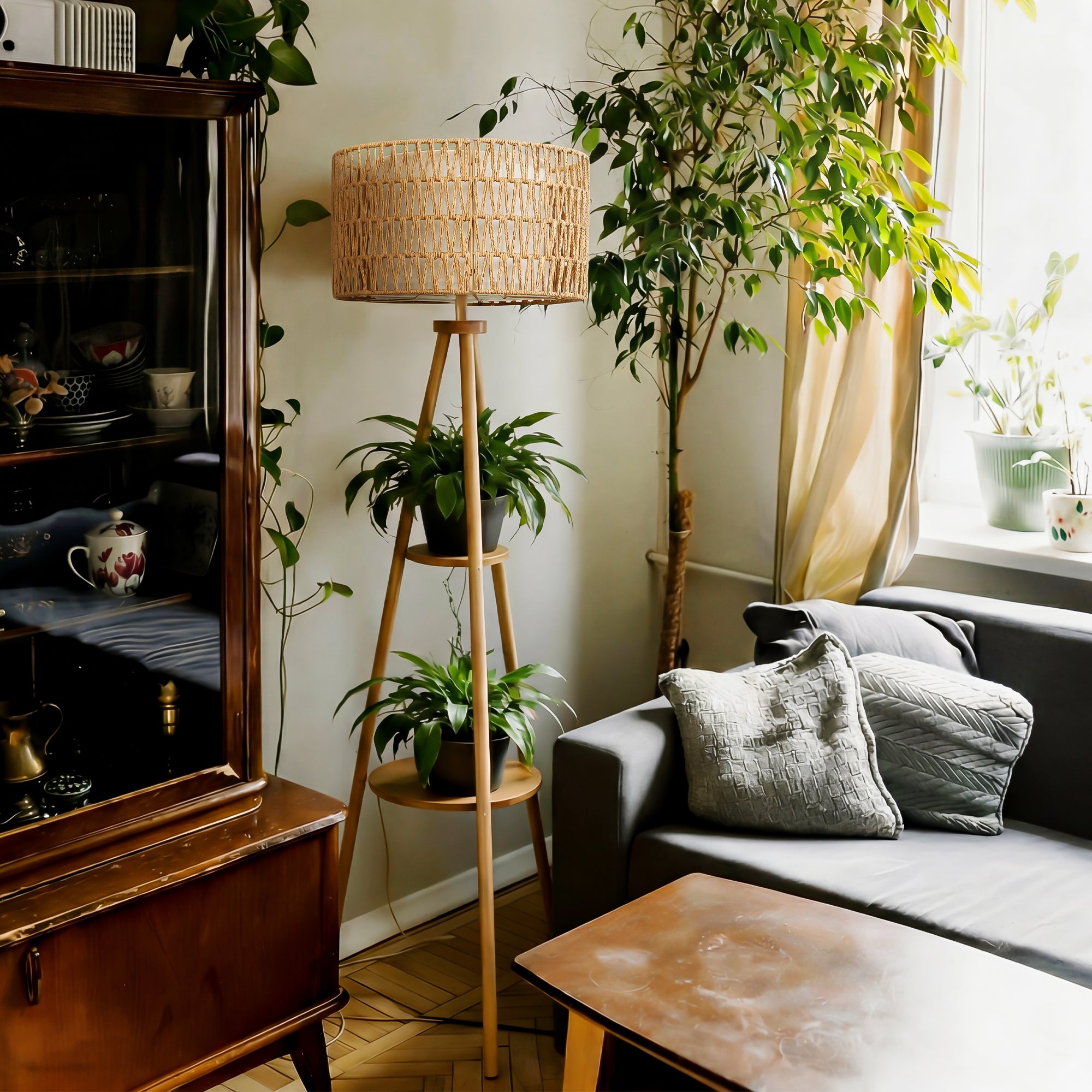 Tripod Floor Lamp with 2er Linen Lampshade WOVI FL03