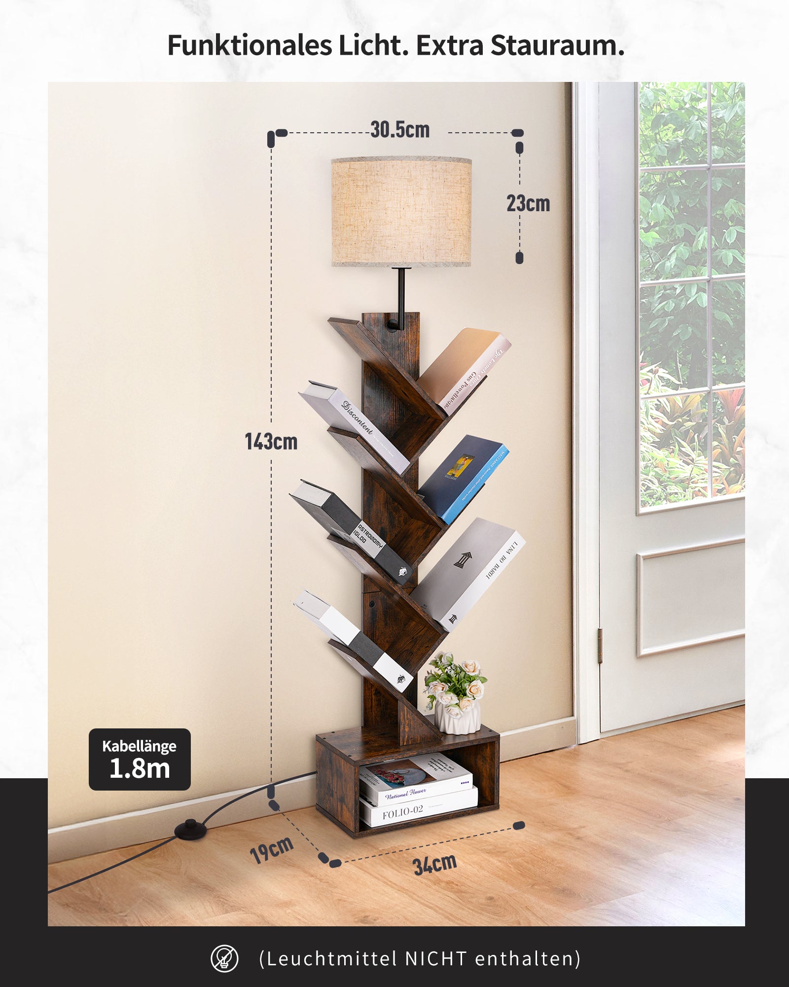 Tree Shaped Floor Lamp with Bookshelf E27 Base for Living Room Bedroom Office Without Bulb
