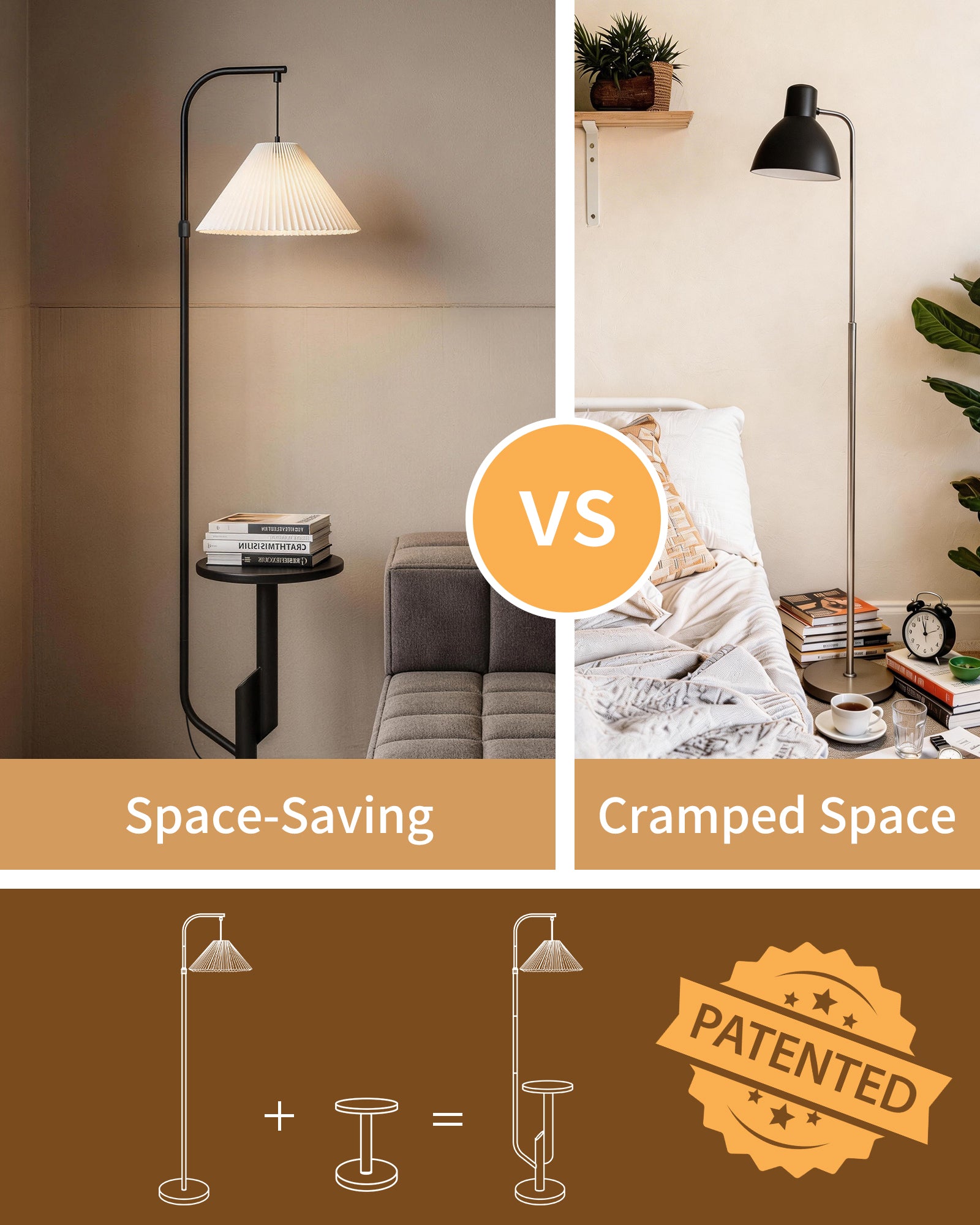 LuminexDesigns Stehlampe Wohnzimmer Modern mit Ablage – Skandinavische Stehleuchte E27 mit Weiß Lampenschirm, 3 Farbtemperaturen einstellbar per Fußschalter, 175cm hoch für Schlafzimmer Ecke