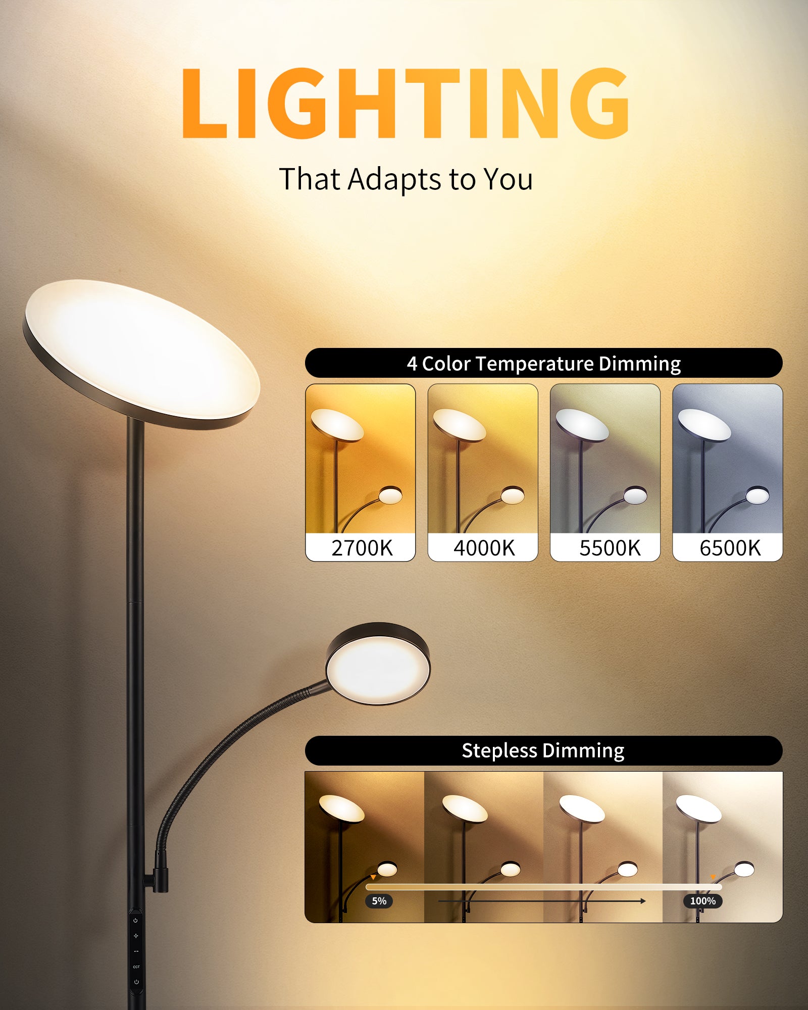 36W Dimmable LED Floor Lamp with 360° Gooseneck Side Light