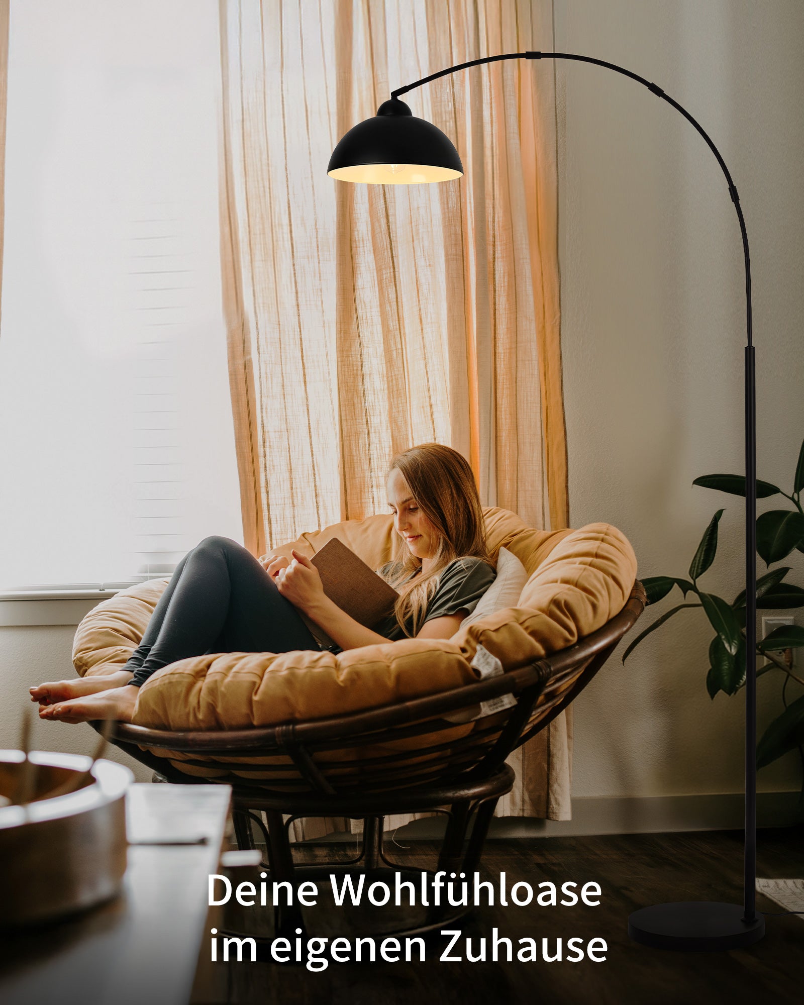 Arc Lamp Floor Lamp Living Room - Warm Light Atmosphere for Reading & Relaxing, 5 Minute Assembly, Heavy Metal Base (5 kg), Swivelling Aluminium Lampshade, Without Bulb, Black