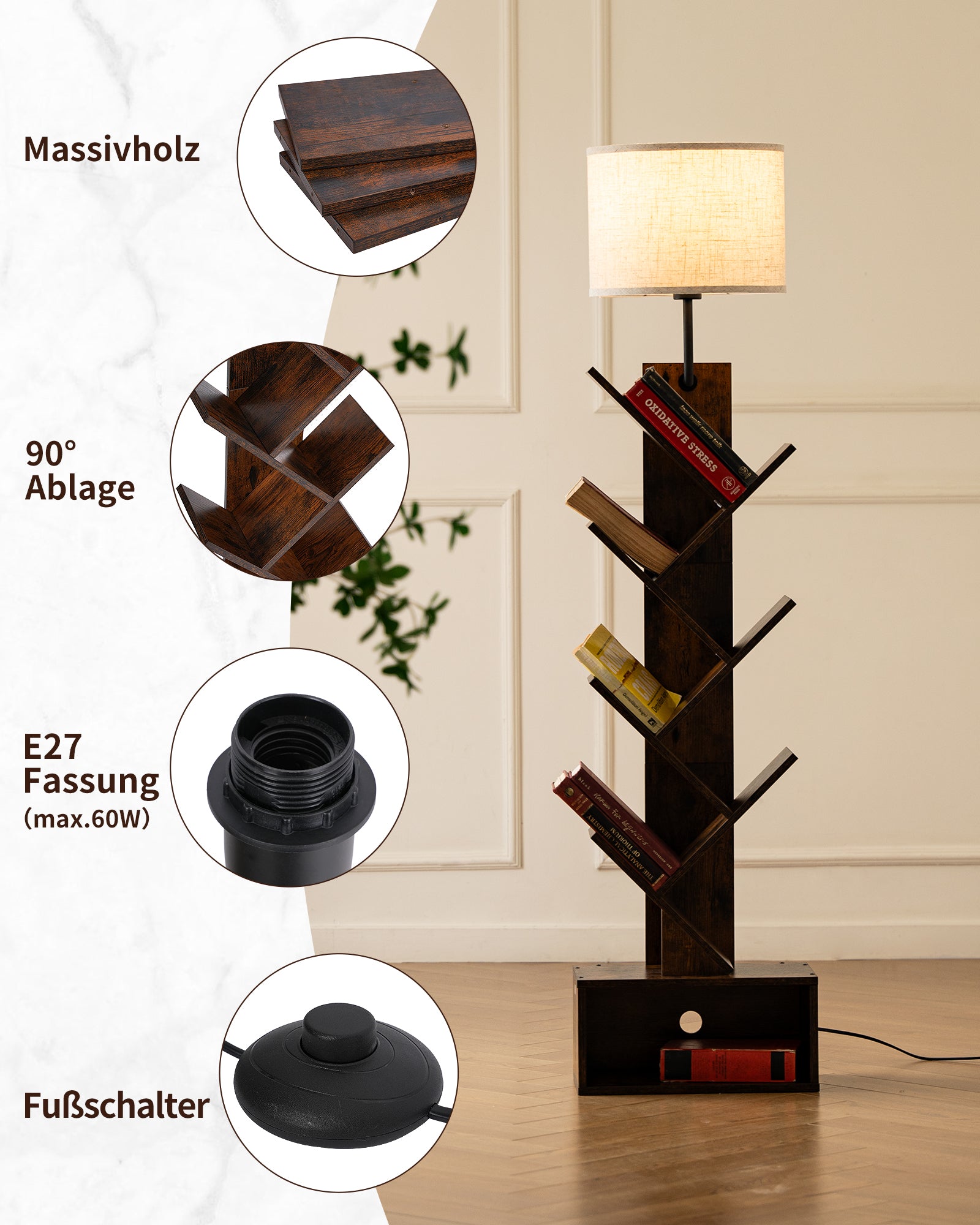 Tree Shaped Floor Lamp with Bookshelf E27 Base for Living Room Bedroom Office Without Bulb