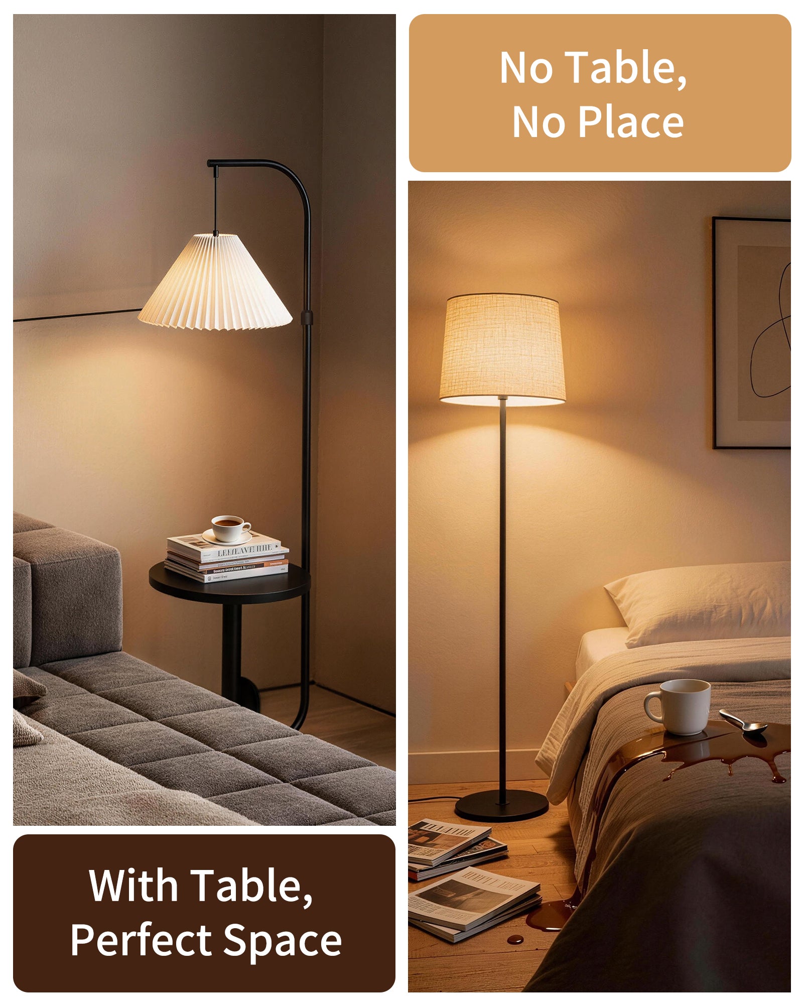 LuminexDesigns Stehlampe Wohnzimmer Modern mit Ablage – Skandinavische Stehleuchte E27 mit Weiß Lampenschirm, 3 Farbtemperaturen einstellbar per Fußschalter, 175cm hoch für Schlafzimmer Ecke