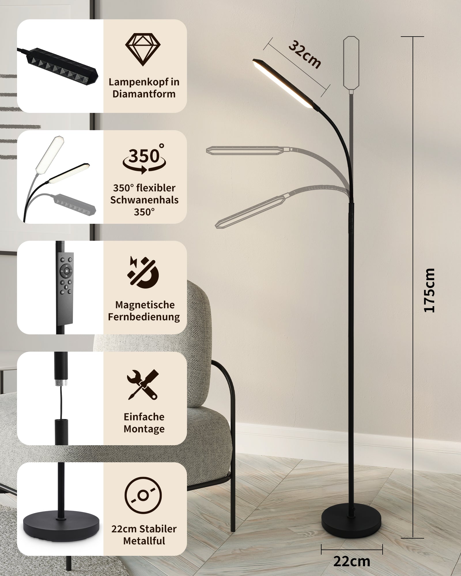 LED Floor Lamp Living Room Reading Lamp - 18 W Super Bright Dimmable Floor Lamp 2700 K - 6500 K with Remote Control, Timer, Energy Saving, Child Friendly for Bedroom, Office, Reading