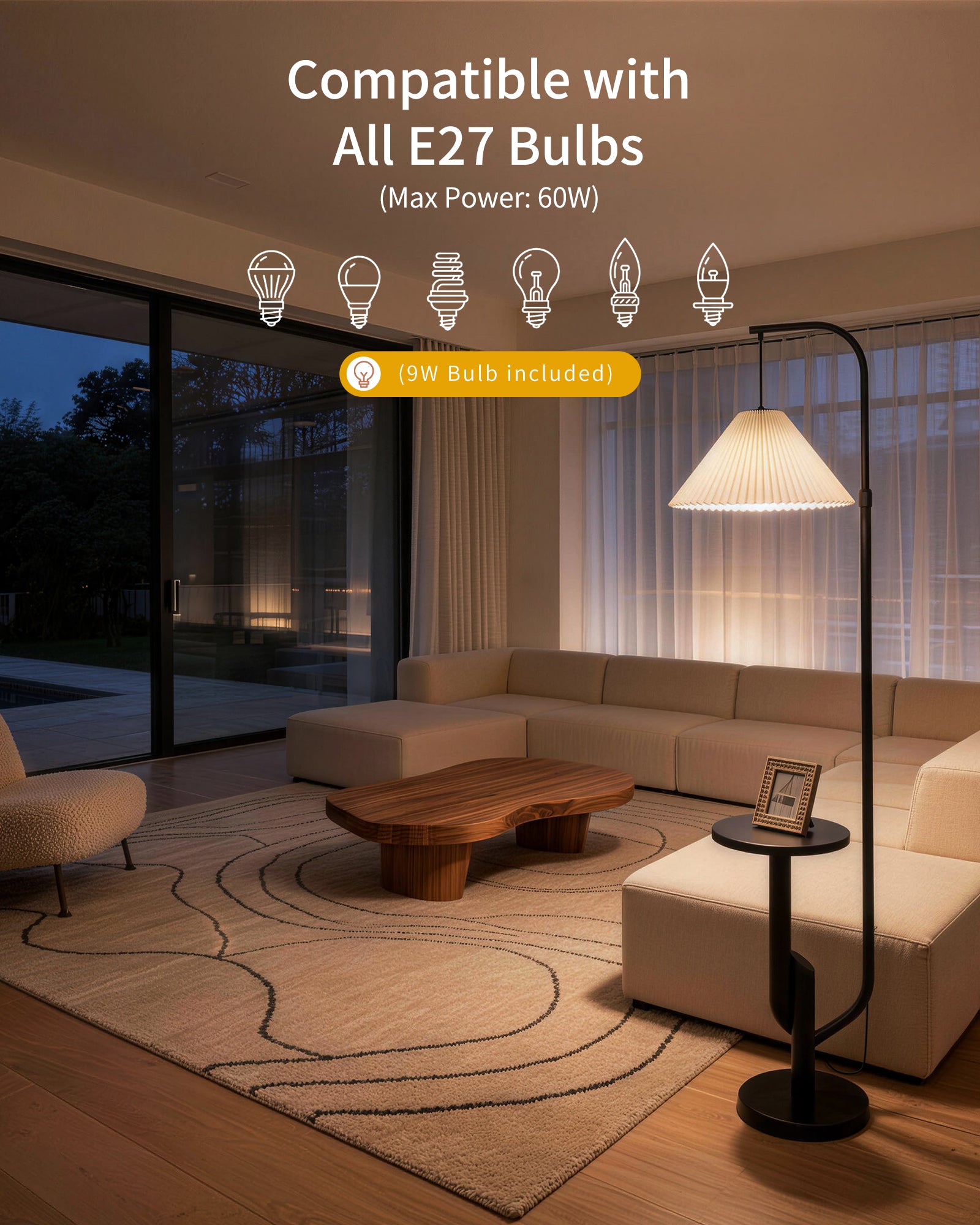 LuminexDesigns Stehlampe Wohnzimmer Modern mit Ablage – Skandinavische Stehleuchte E27 mit Weiß Lampenschirm, 3 Farbtemperaturen einstellbar per Fußschalter, 175cm hoch für Schlafzimmer Ecke