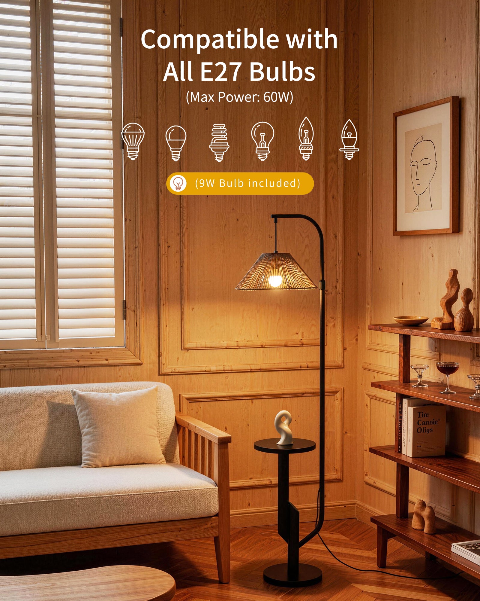 LuminexDesigns Stehlampe Wohnzimmer Rattan mit Ablage – Boho Stehleuchte E27 mit gewebtem Lampenschirm, 3 Farbtemperaturen einstellbar per Fußschalter, 175cm hoch für Schlafzimmer Ecke
