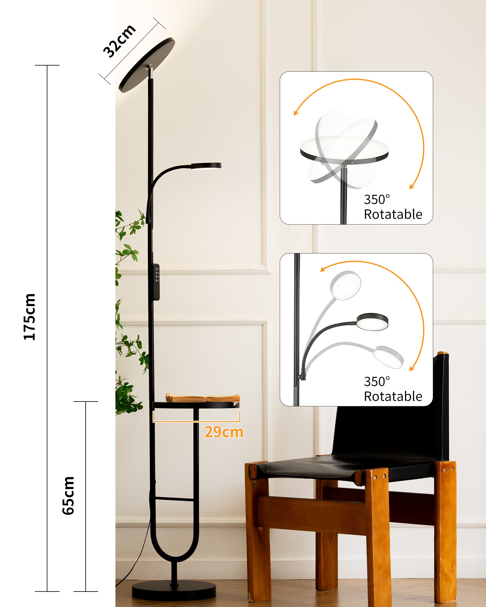 36W Dimmable LED Floor Lamp with 360° Gooseneck Side Light