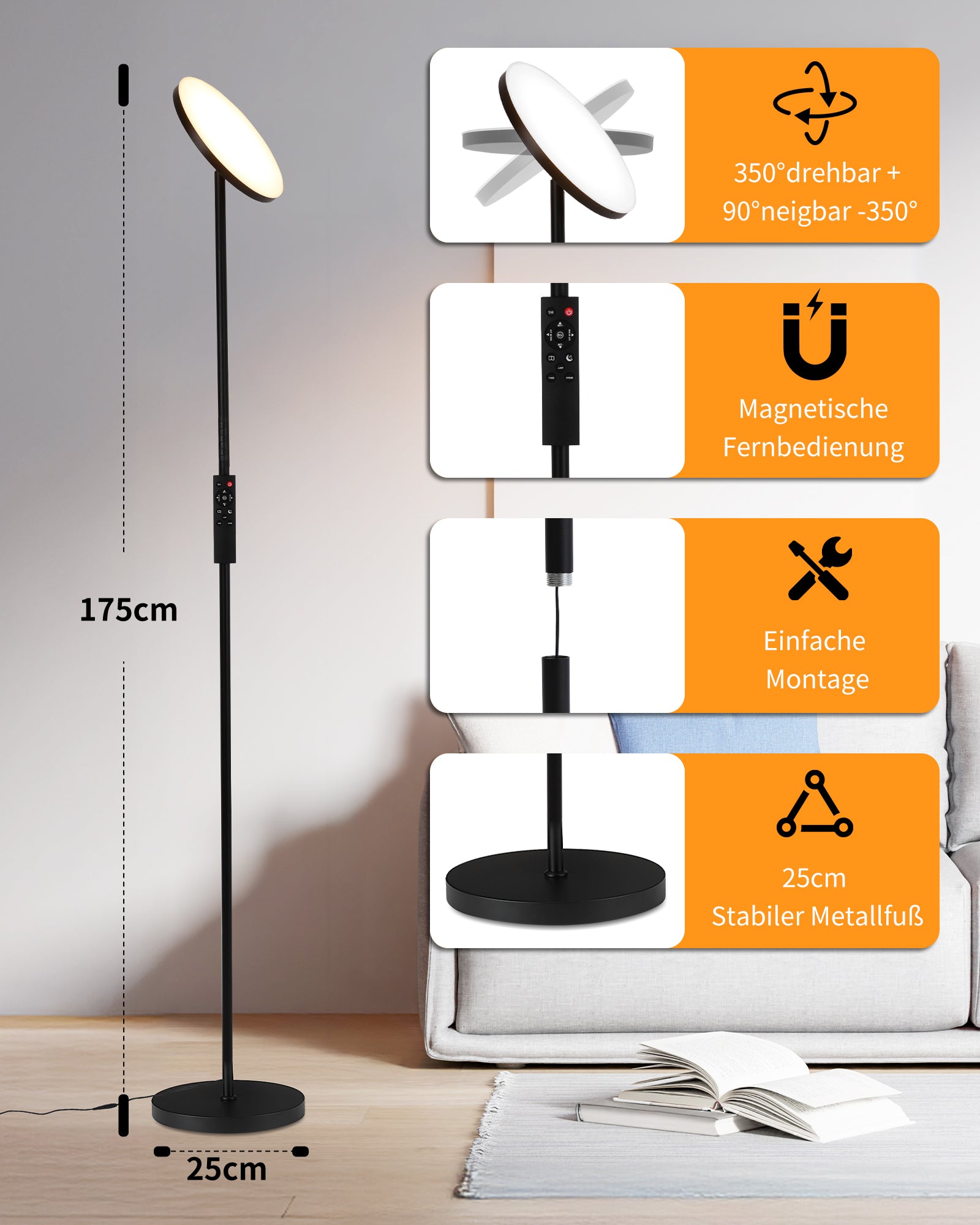 LED Floor Lamp Ceiling Floodlight, 36 W Super Bright Dimmable Floor Lamp 2700 K - 6500 K RGB Continuous Dimming, Remote Control and Touch Control for Living Room Bedroom Office
