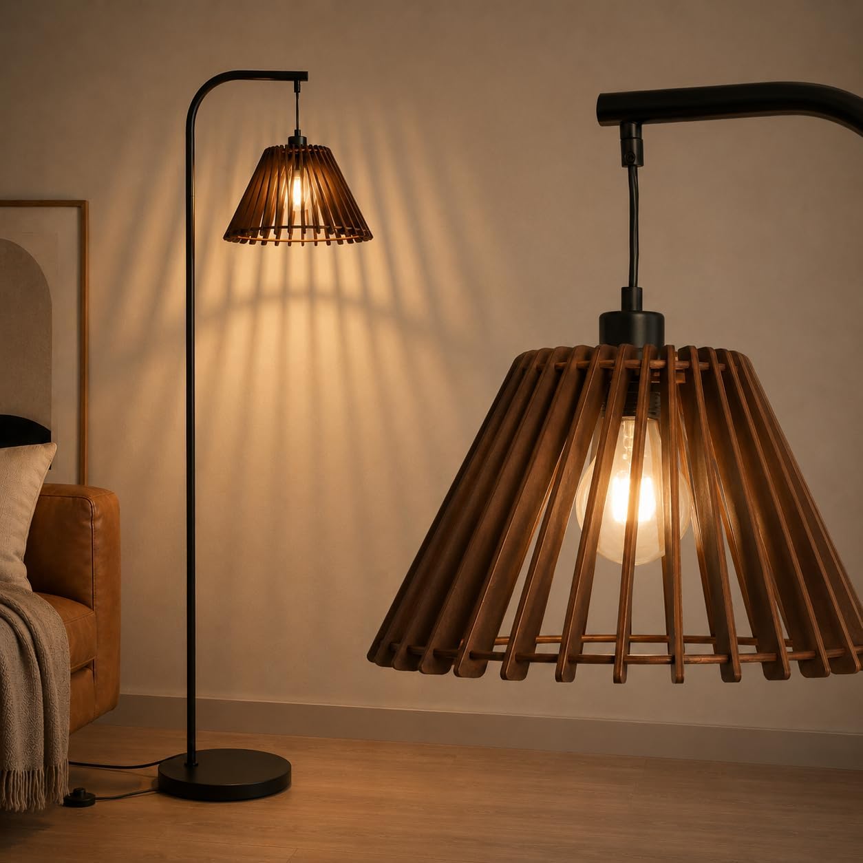 Vintage Floor Lamp with Wooden Shade for Living Room