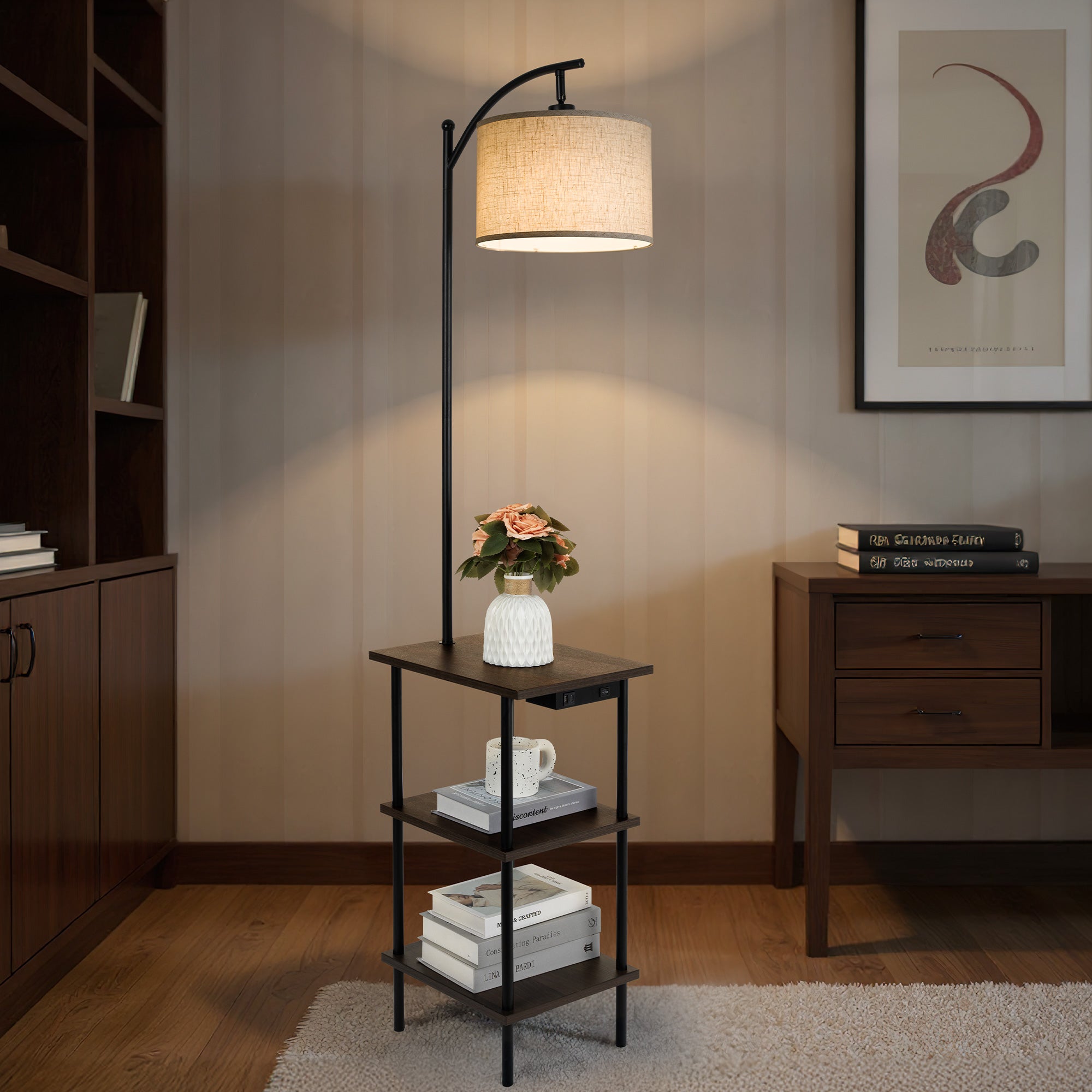 USB & Type-C Charging Floor Lamp with 3-Tier Shelf - Brown