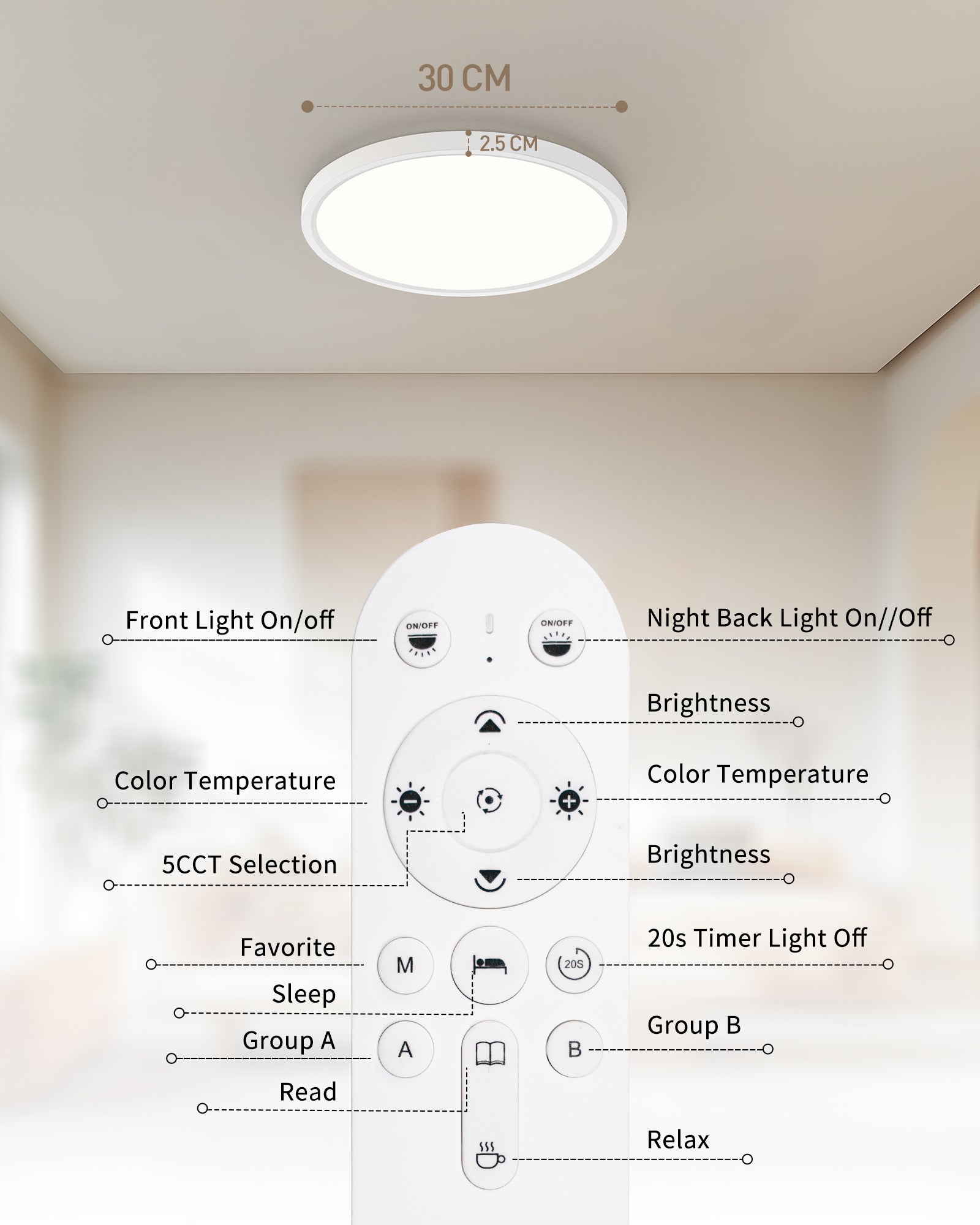 12" Ultra-Thin Dimmable Ceiling Light with Remote Control
