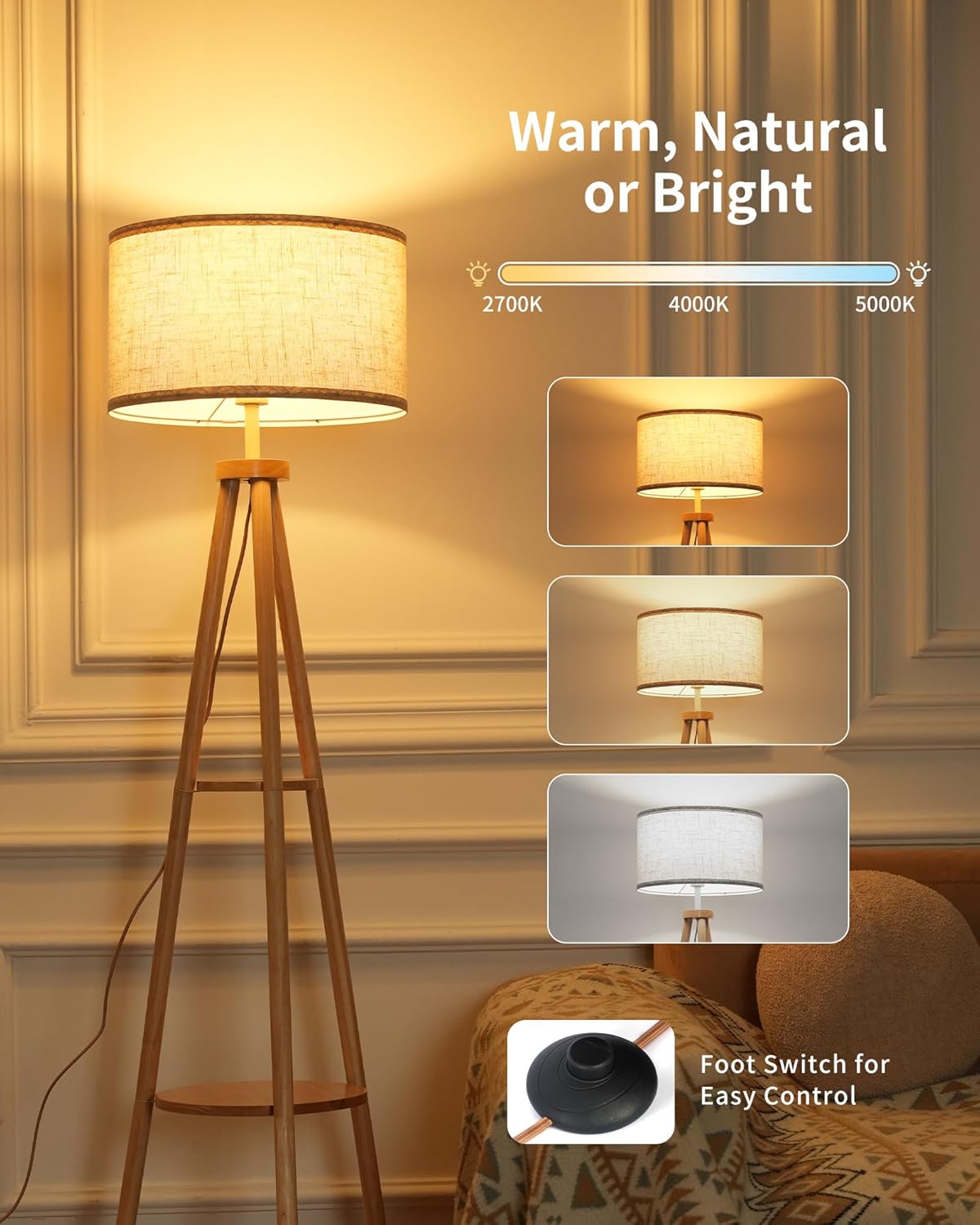 Tripod Floor Lamp with 2er Linen Lampshade
