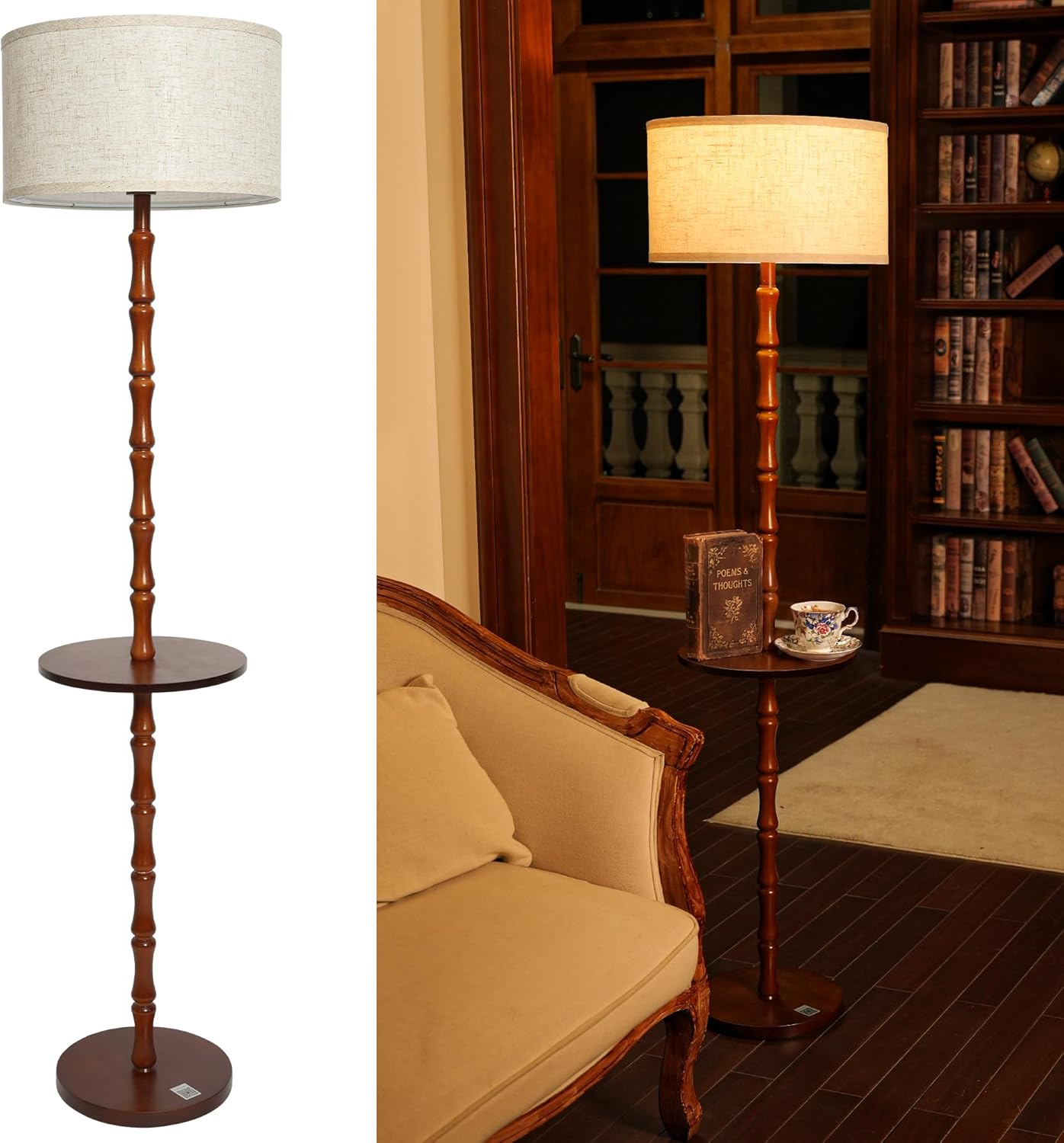 Vintage Wooden Floor Lamp Walnut with Shelf