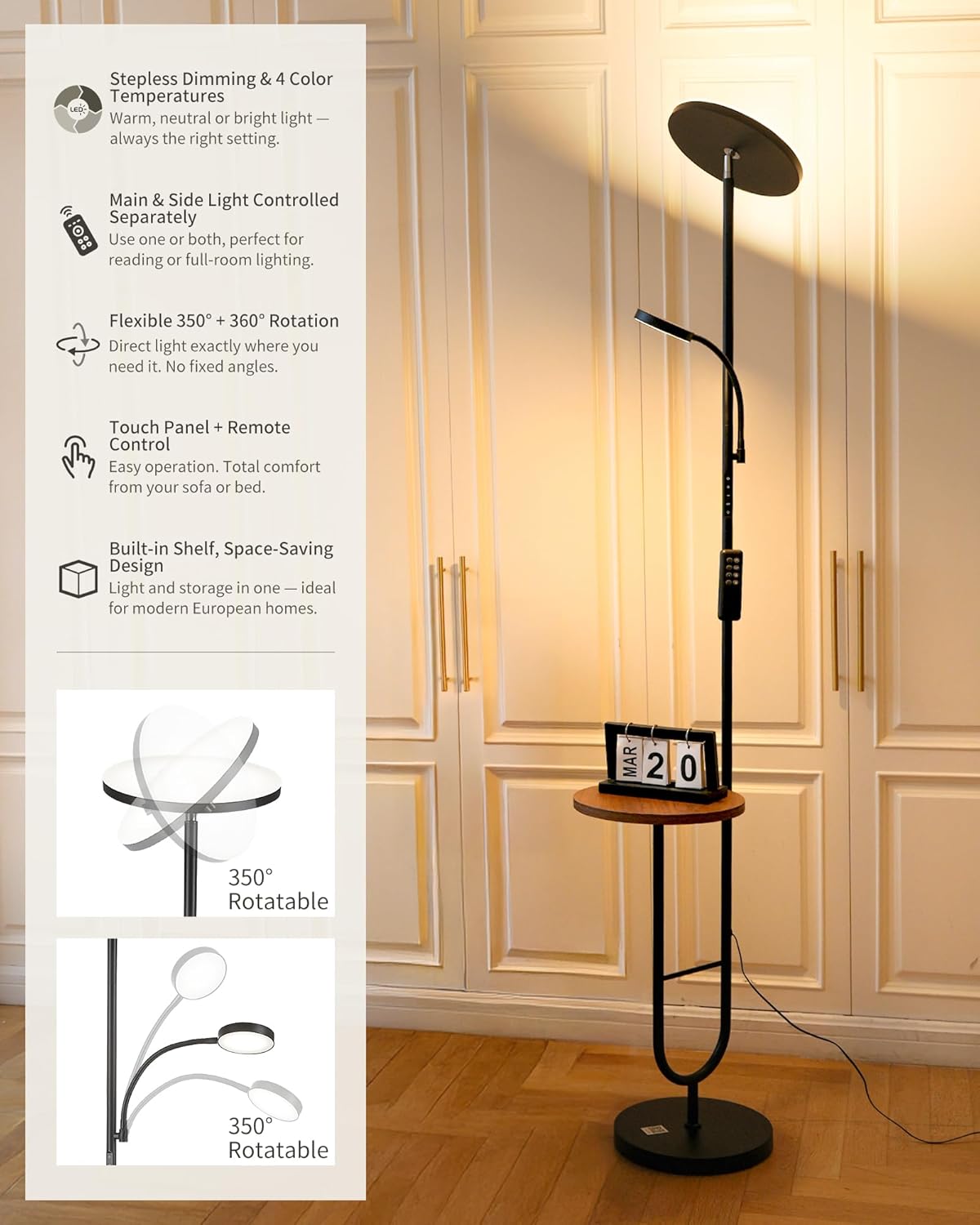 LED Uplighter Floor Lamp with Table & Reading Light