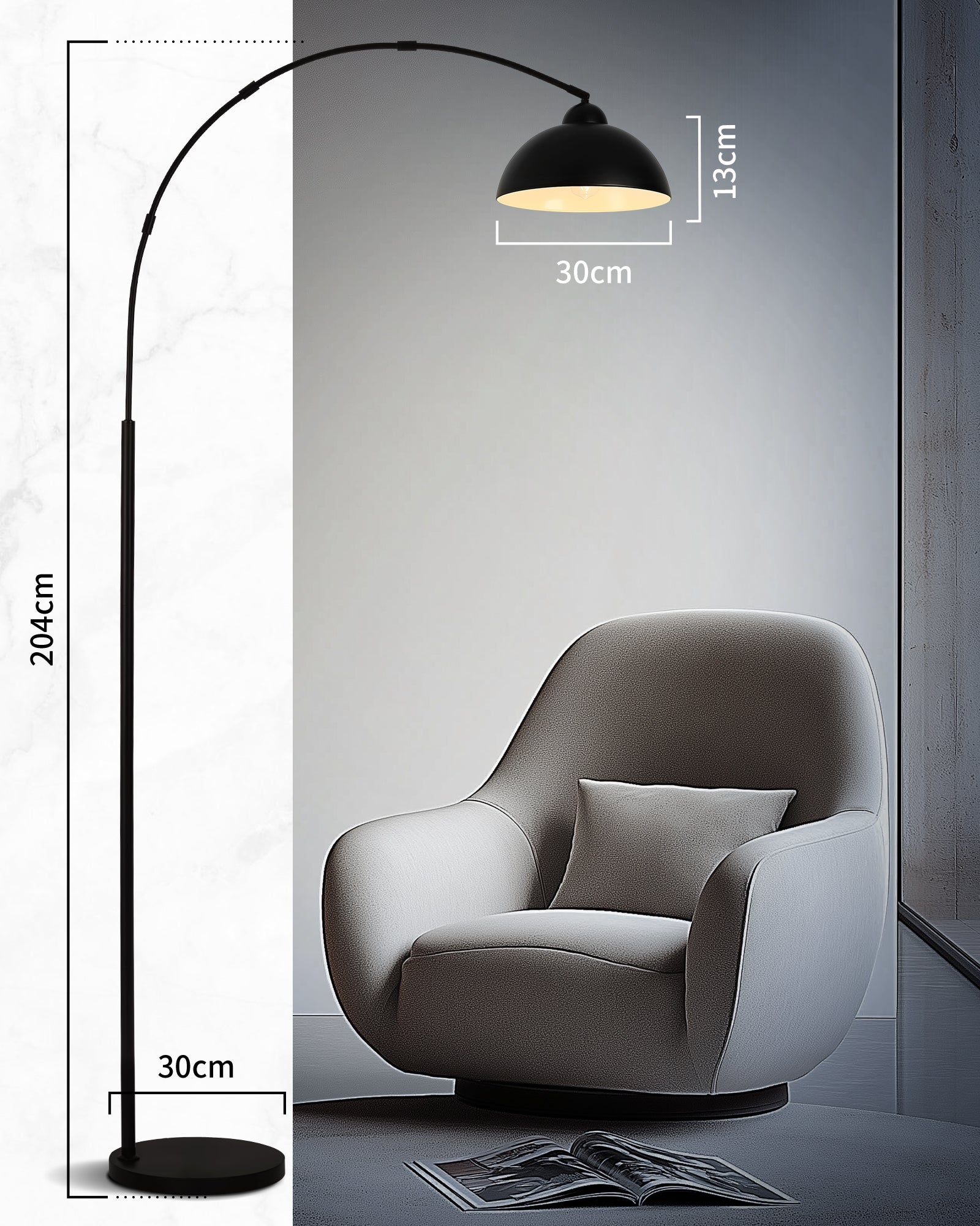 Arc Lamp Floor Lamp Living Room - Warm Light Atmosphere for Reading & Relaxing, 5 Minute Assembly, Heavy Metal Base (5 kg), Swivelling Aluminium Lampshade, Without Bulb, Black