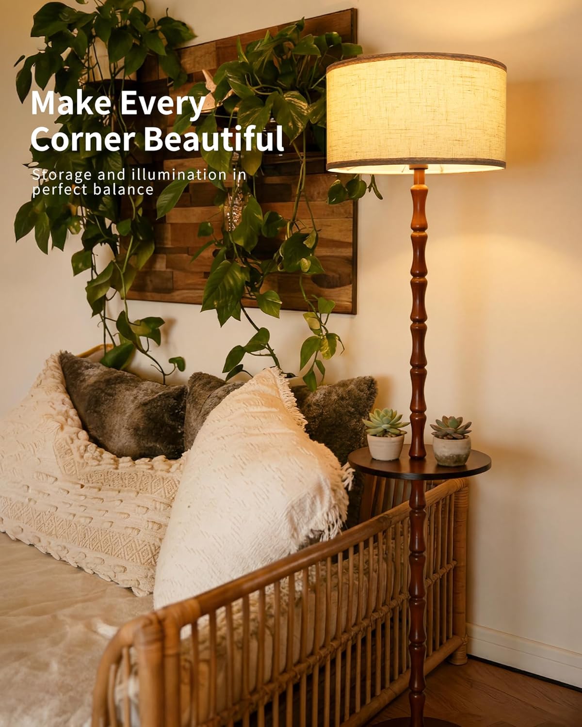 Vintage Wooden Floor Lamp Walnut with Shelf
