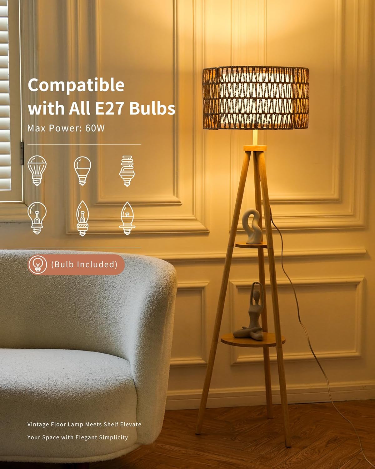 Tripod Floor Lamp with 2er Linen Lampshade