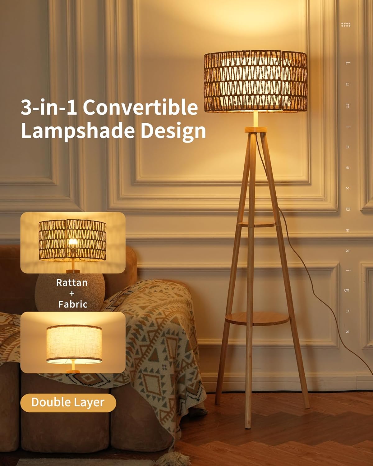 Tripod Floor Lamp with 2er Linen Lampshade