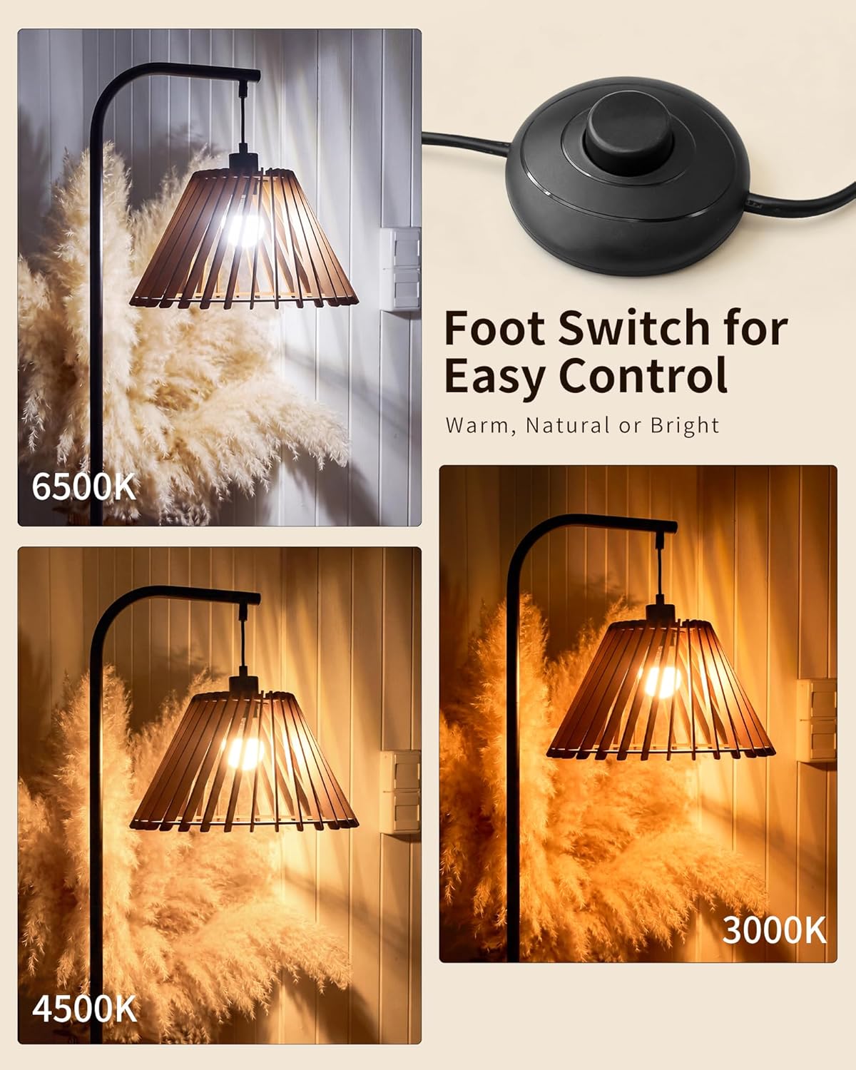 Vintage Floor Lamp with Wooden Shade for Living Room