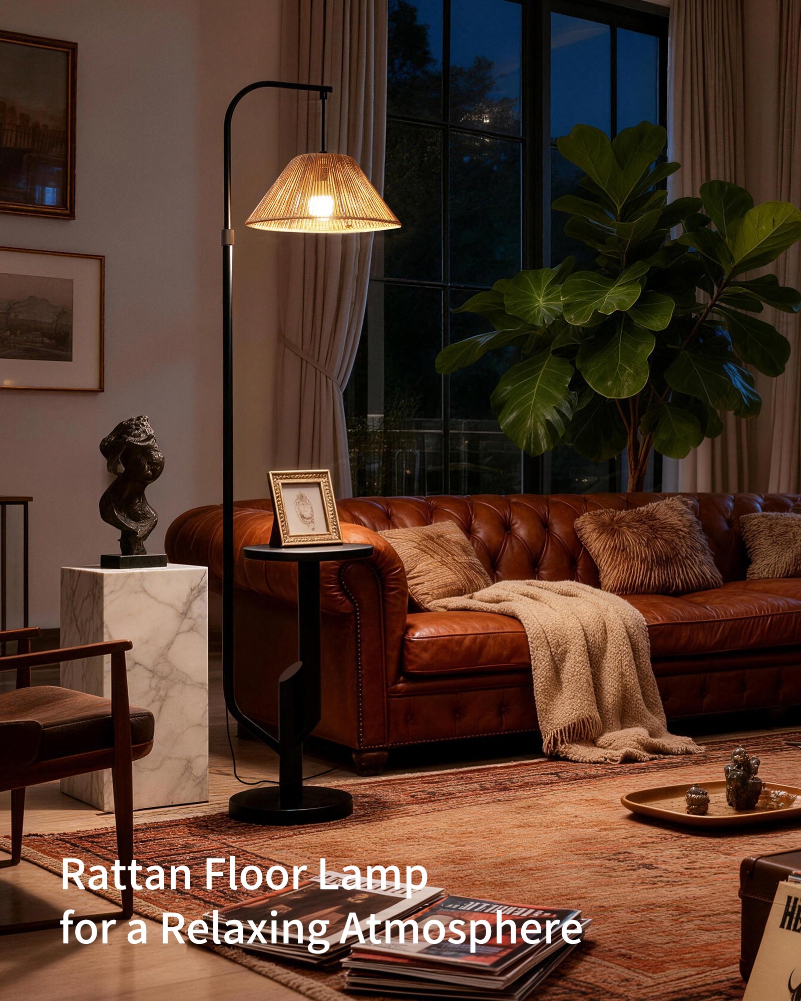 LuminexDesigns Stehlampe Wohnzimmer Rattan mit Ablage – Boho Stehleuchte E27 mit gewebtem Lampenschirm, 3 Farbtemperaturen einstellbar per Fußschalter, 175cm hoch für Schlafzimmer Ecke
