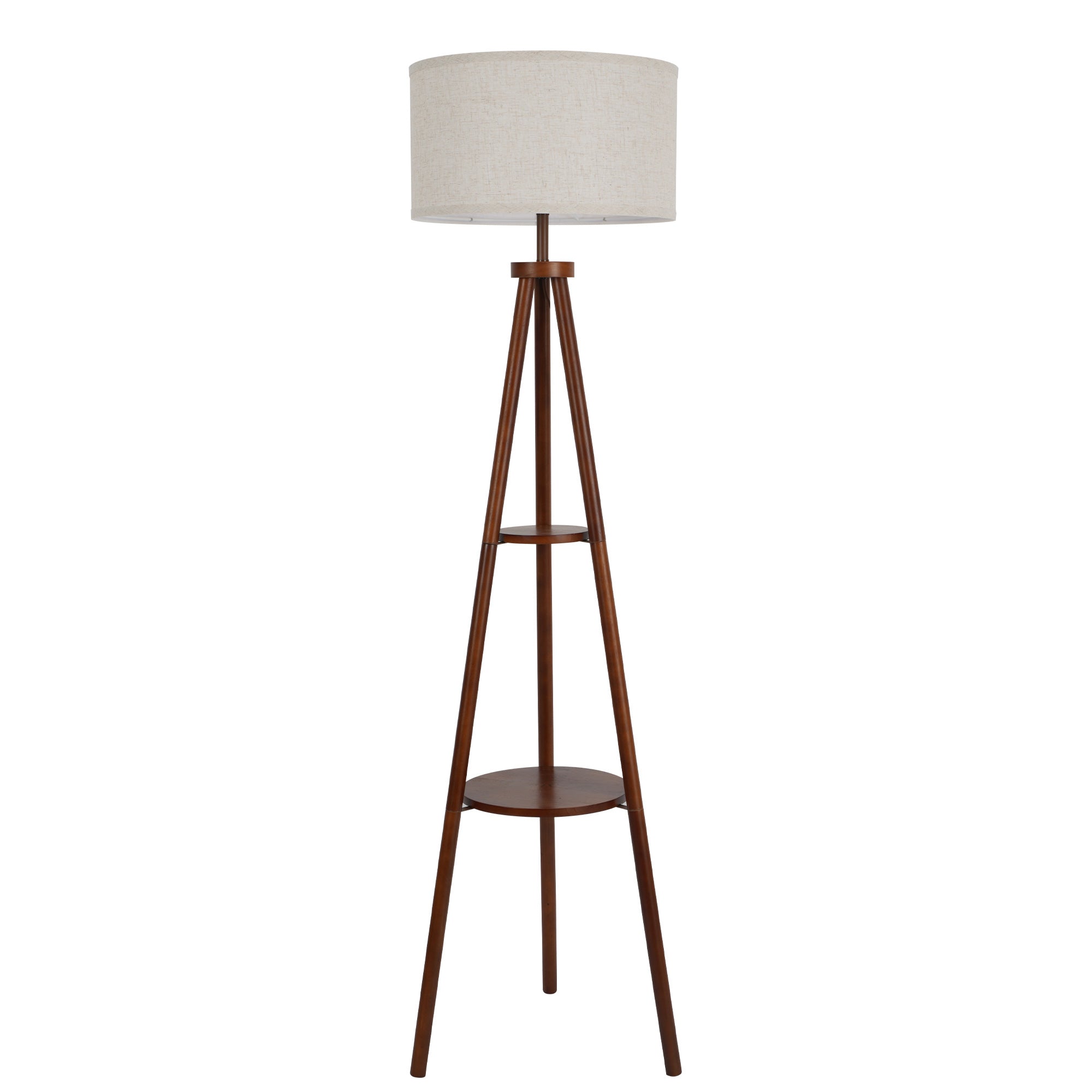 Tripod Floor Lamp with Linen Lampshade, 2-Tier Storage Shelf Standing Lamp with Foot Switch, Smart Bulb Compatible, Floor Standing Lamp for Living Room and Bedroom（ Bulb Not Included）