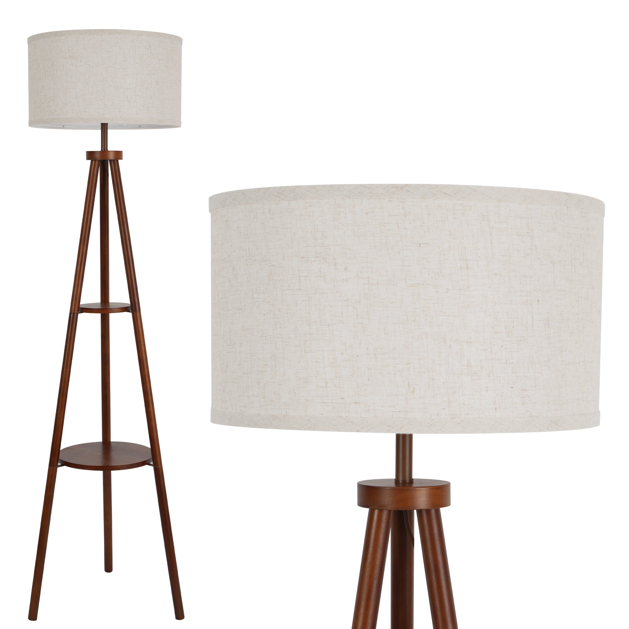 Tripod Floor Lamp with Linen Lampshade, 2-Tier Storage Shelf Standing Lamp with Foot Switch, Smart Bulb Compatible, Floor Standing Lamp for Living Room and Bedroom（ Bulb Not Included）