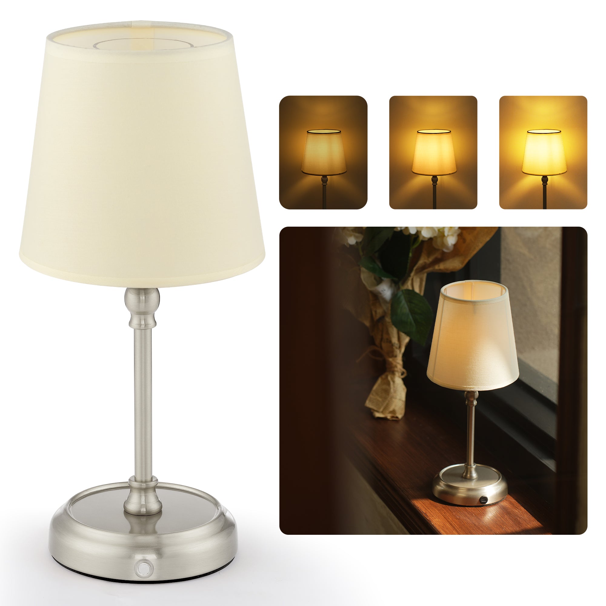 Bedside Lamps, 5200 mAh Rechargeable Cordless Table Lamps for Living Room with Bulb Included, Dimmable, Touch Control, 3-in-1 Shade, for Bedroom, Dining,Home Décor -Sliver