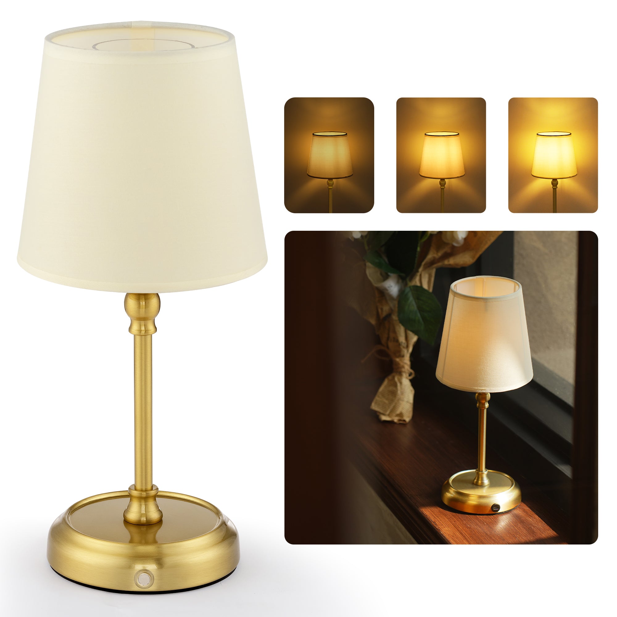 Bedside Lamps, 5200 mAh Rechargeable Cordless Table Lamps for Living Room with Bulb Included, Dimmable, Touch Control, 3-in-1 Shade, for Bedroom, Dining,Home Décor - Gold
