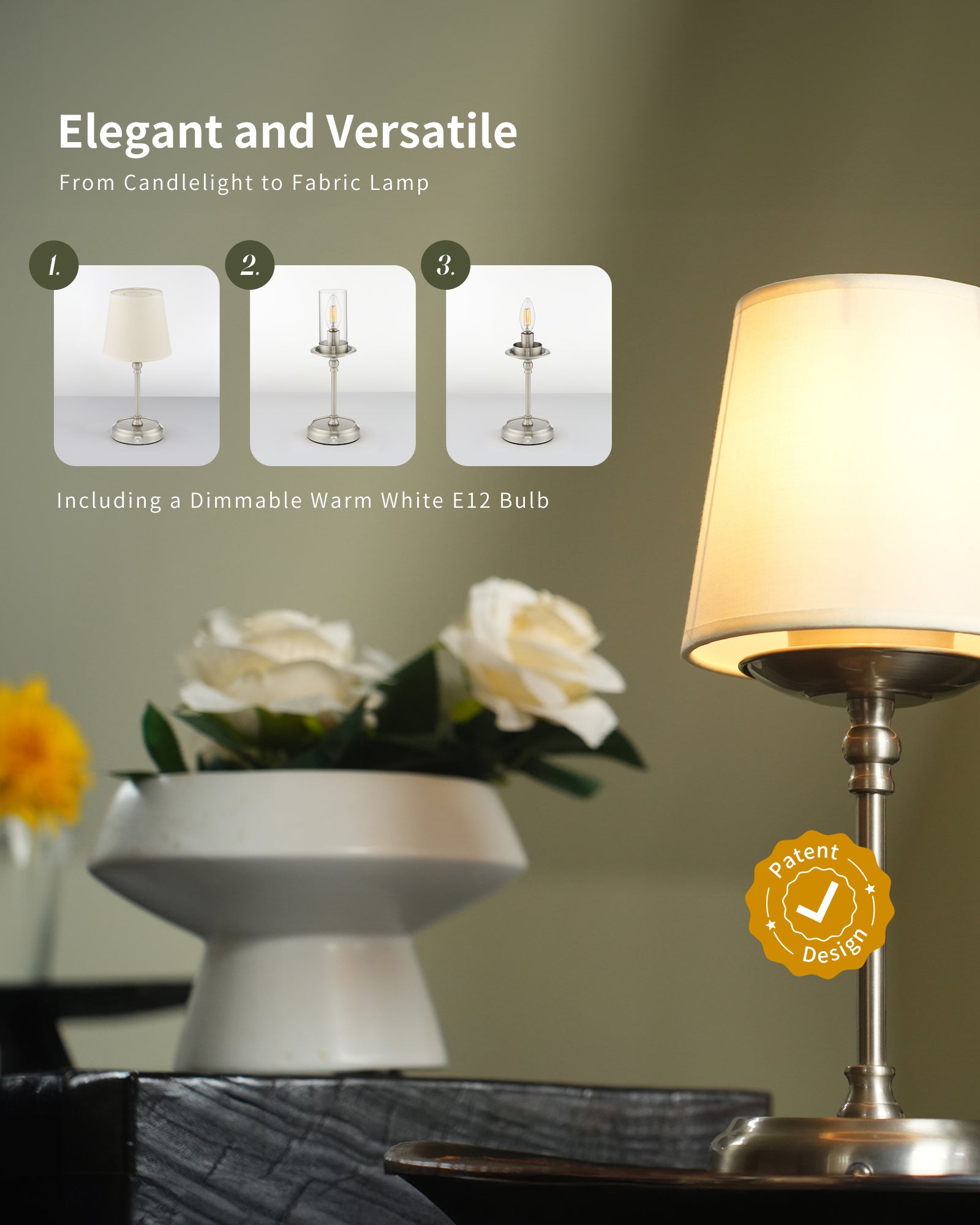 Bedside Lamps, 5200 mAh Rechargeable Cordless Table Lamps for Living Room with Bulb Included, Dimmable, Touch Control, 3-in-1 Shade, for Bedroom, Dining,Home Décor -Sliver