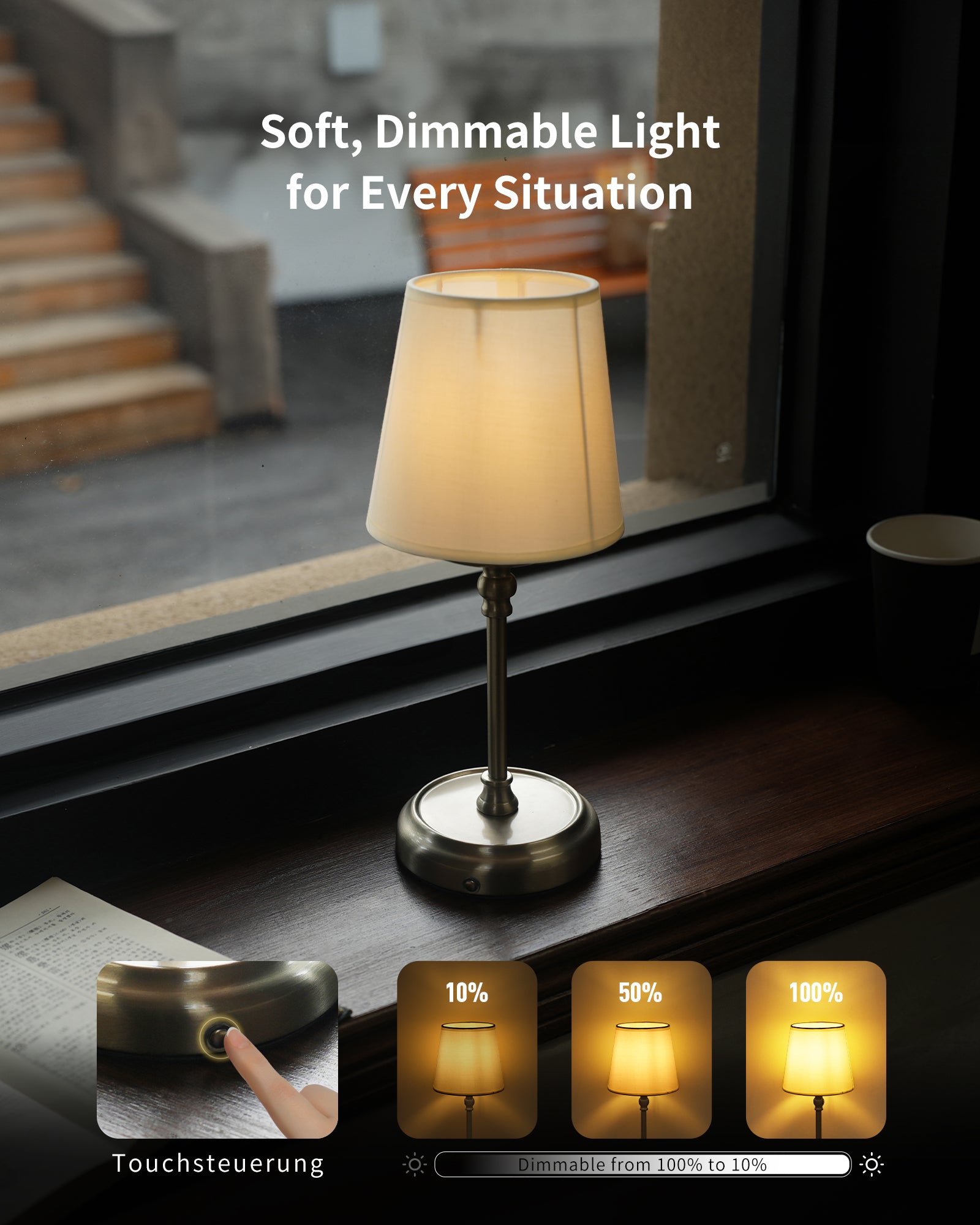 Bedside Lamps, 5200 mAh Rechargeable Cordless Table Lamps for Living Room with Bulb Included, Dimmable, Touch Control, 3-in-1 Shade, for Bedroom, Dining,Home Décor -Sliver