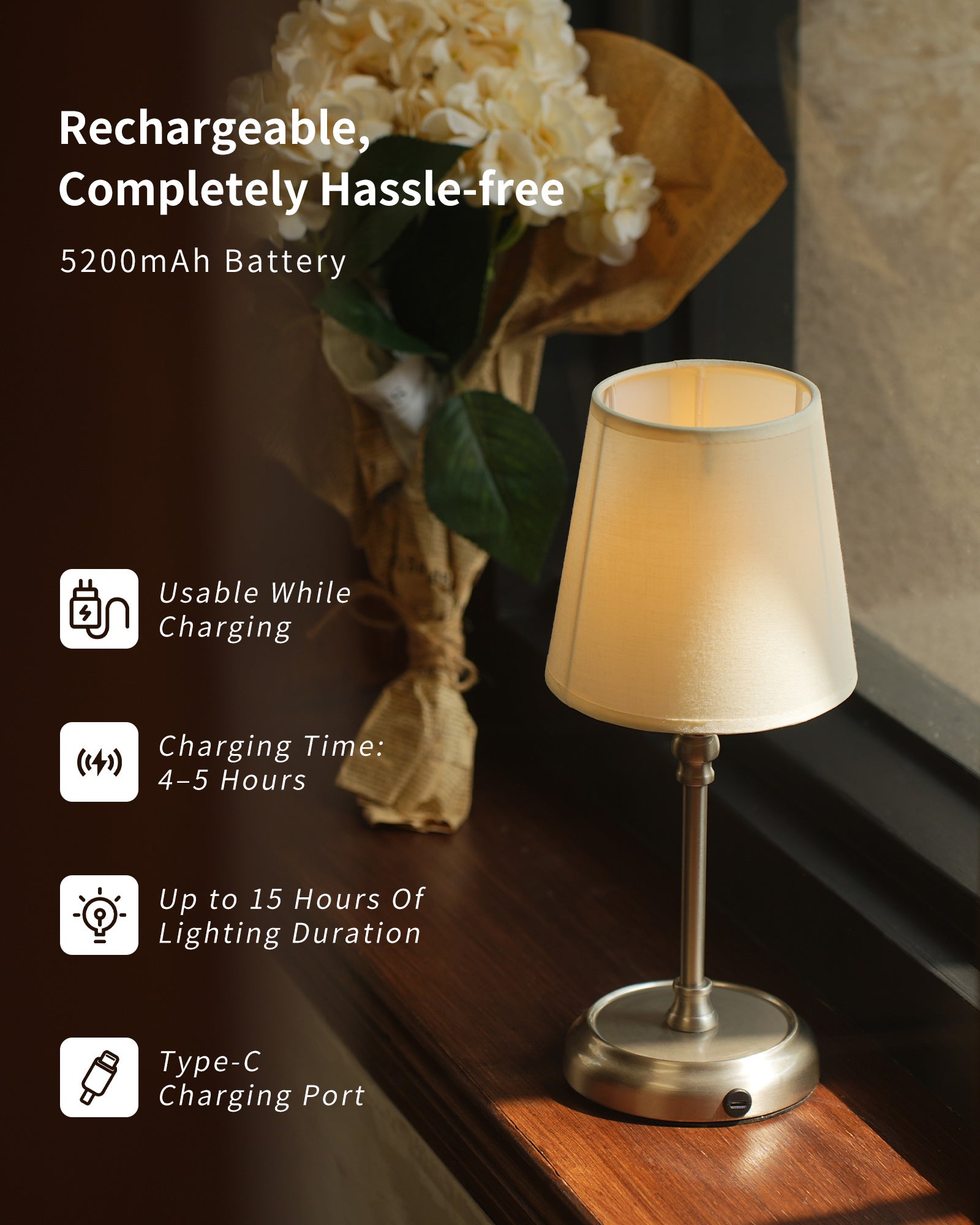 Bedside Lamps, 5200 mAh Rechargeable Cordless Table Lamps for Living Room with Bulb Included, Dimmable, Touch Control, 3-in-1 Shade, for Bedroom, Dining,Home Décor -Sliver