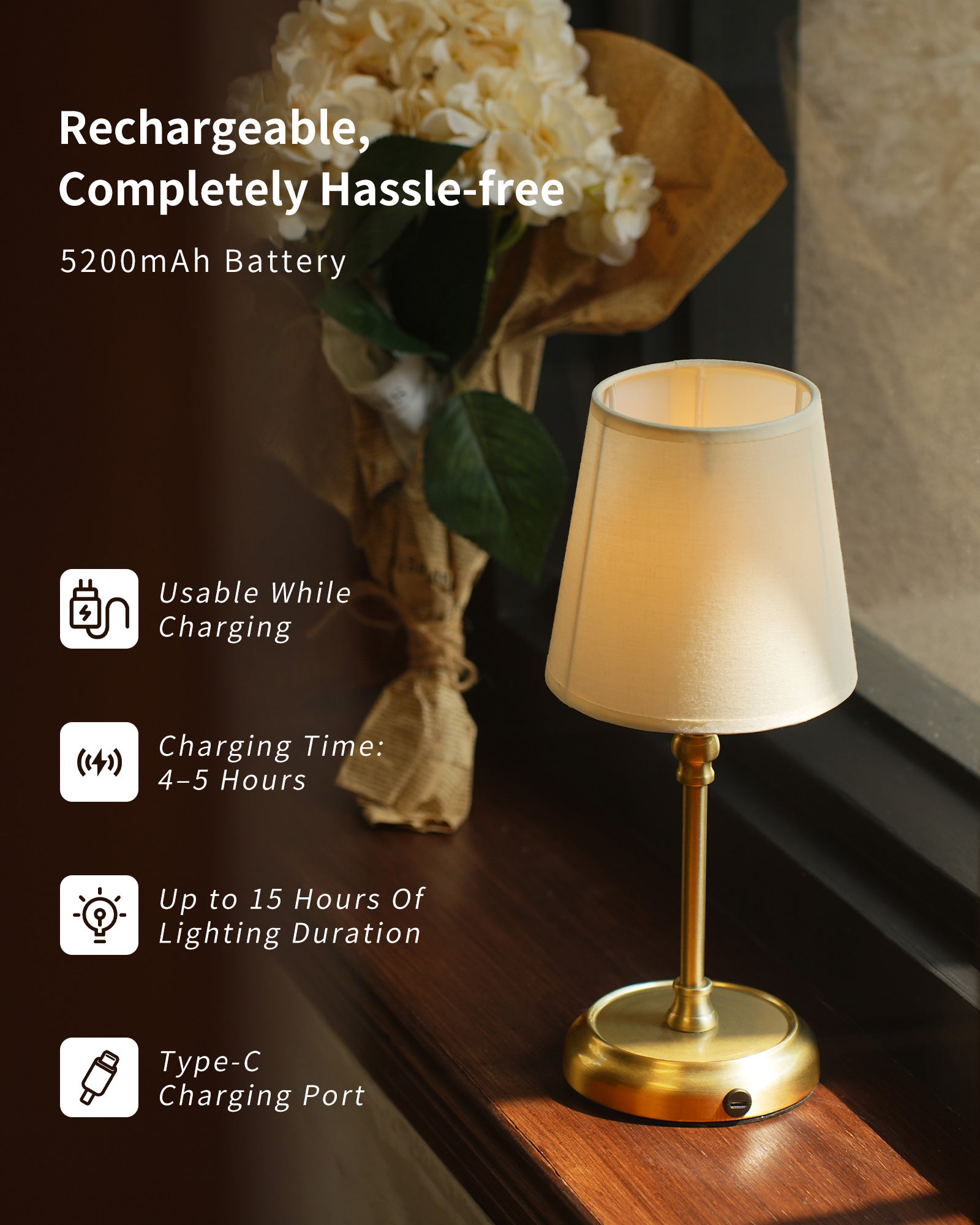 Bedside Lamps, 5200 mAh Rechargeable Cordless Table Lamps for Living Room with Bulb Included, Dimmable, Touch Control, 3-in-1 Shade, for Bedroom, Dining,Home Décor - Gold