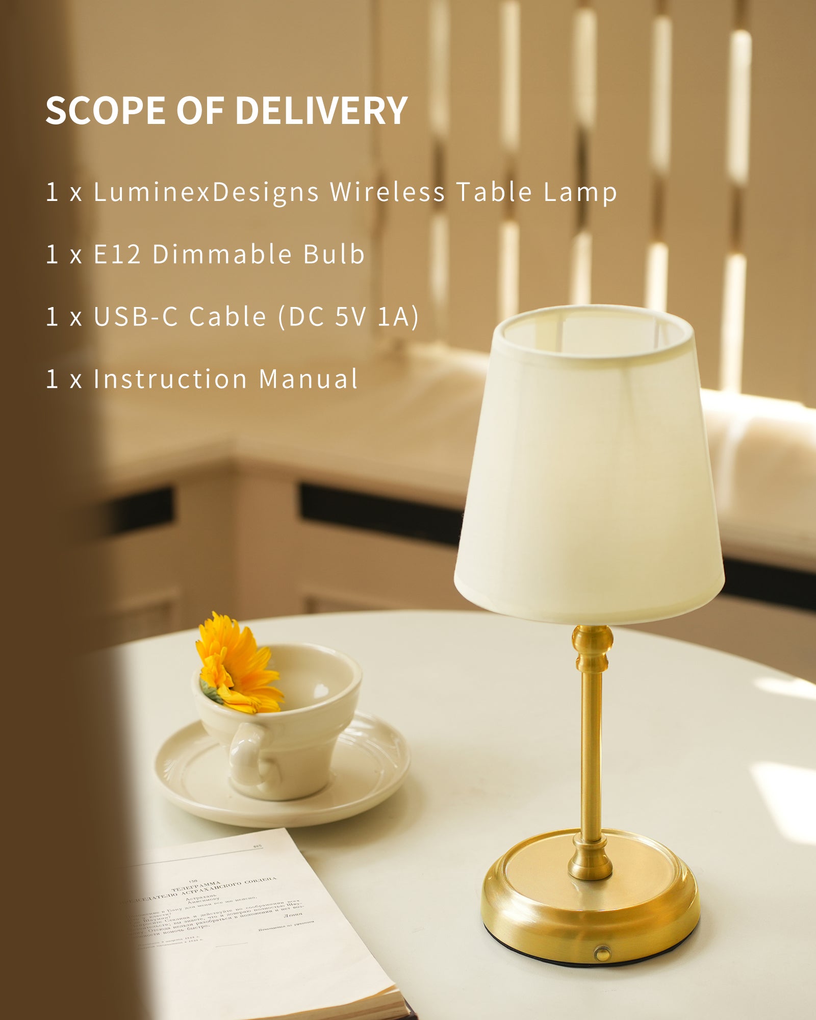 Bedside Lamps, 5200 mAh Rechargeable Cordless Table Lamps for Living Room with Bulb Included, Dimmable, Touch Control, 3-in-1 Shade, for Bedroom, Dining,Home Décor - Gold