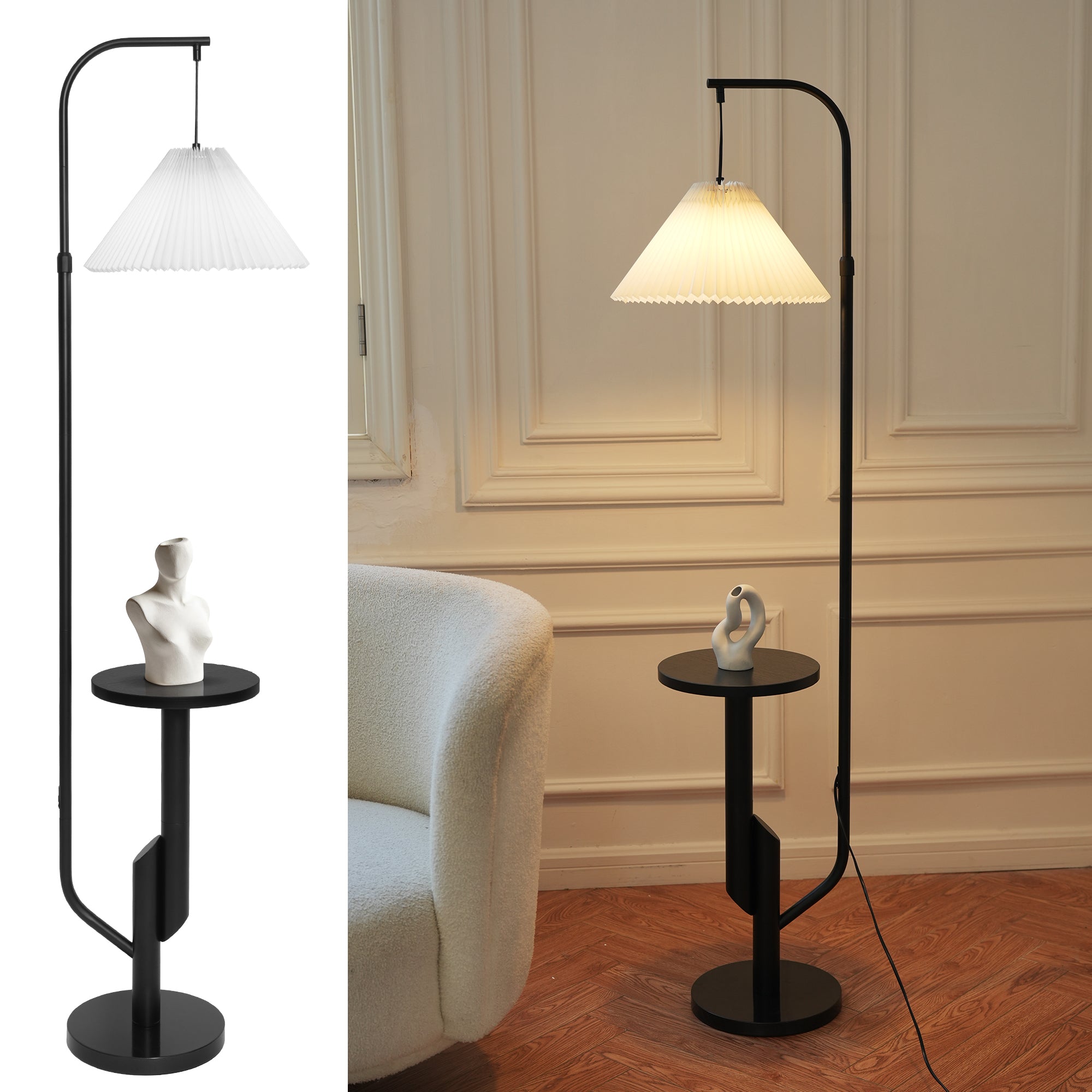 LuminexDesigns Stehlampe Wohnzimmer Modern mit Ablage – Skandinavische Stehleuchte E27 mit Weiß Lampenschirm, 3 Farbtemperaturen einstellbar per Fußschalter, 175cm hoch für Schlafzimmer Ecke