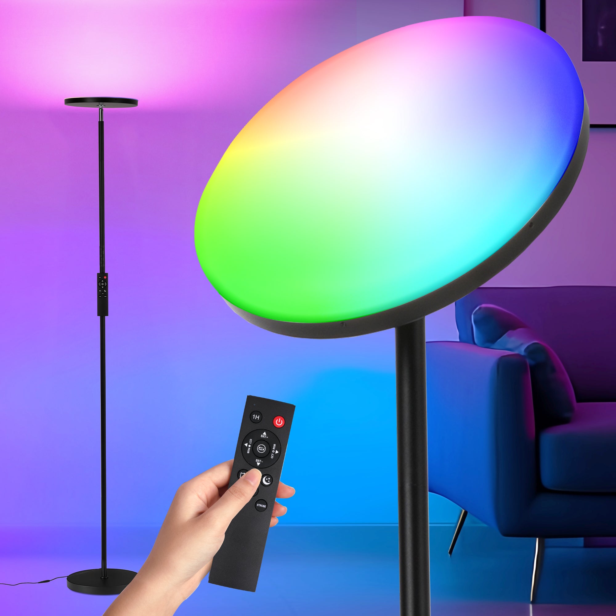 LED Floor Lamp Ceiling Floodlight, 36 W Super Bright Dimmable Floor Lamp 2700 K - 6500 K RGB Continuous Dimming, Remote Control and Touch Control for Living Room Bedroom Office