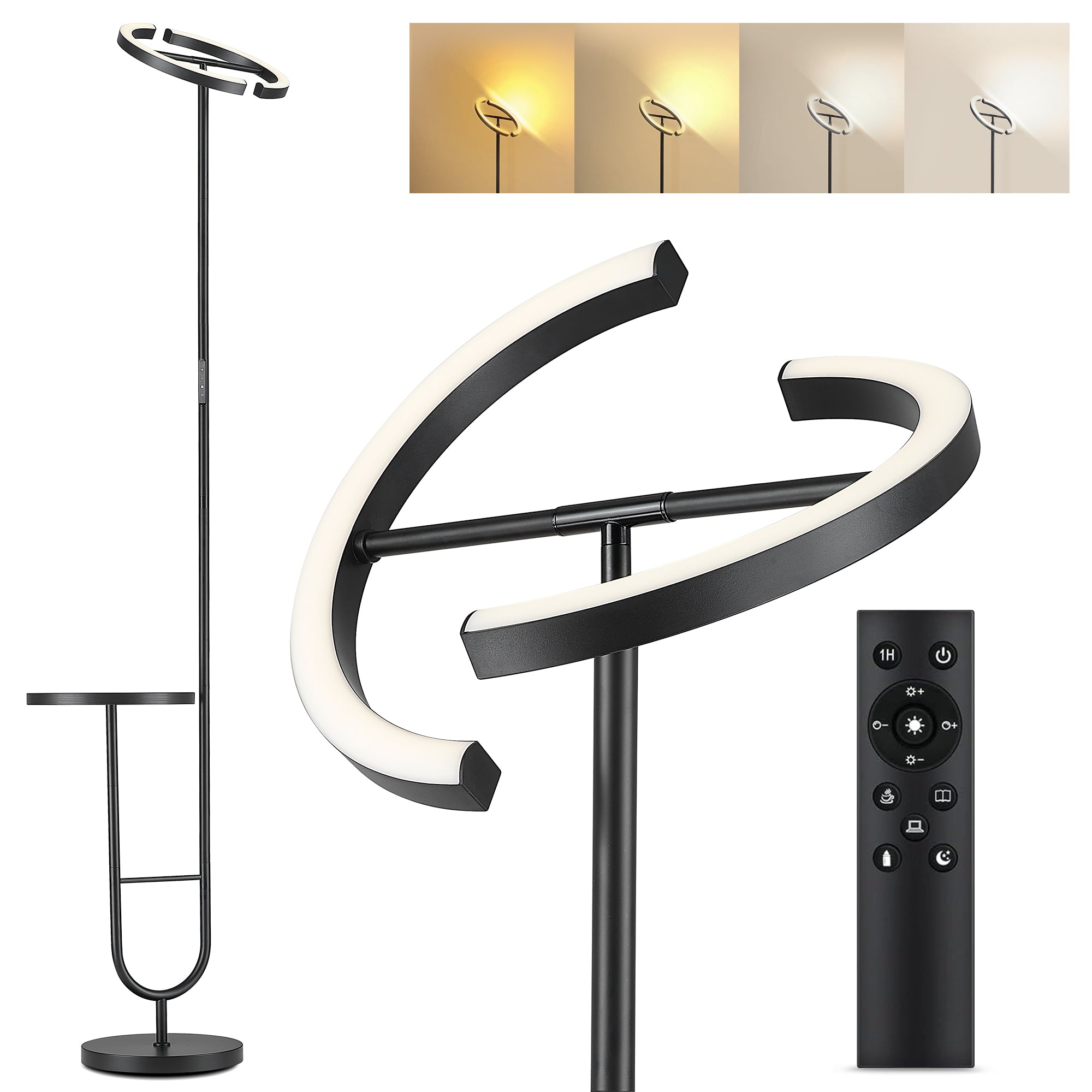 36W LED-Stehleuchte, dimmbar 2700K-6500K, 350° drehbares Hauptlicht, integrierter Tisch, 360° flexibles Seitenlicht, Fernbedienung und Touch-Steuerung, für Wohnzimmer und Schlafzimmer